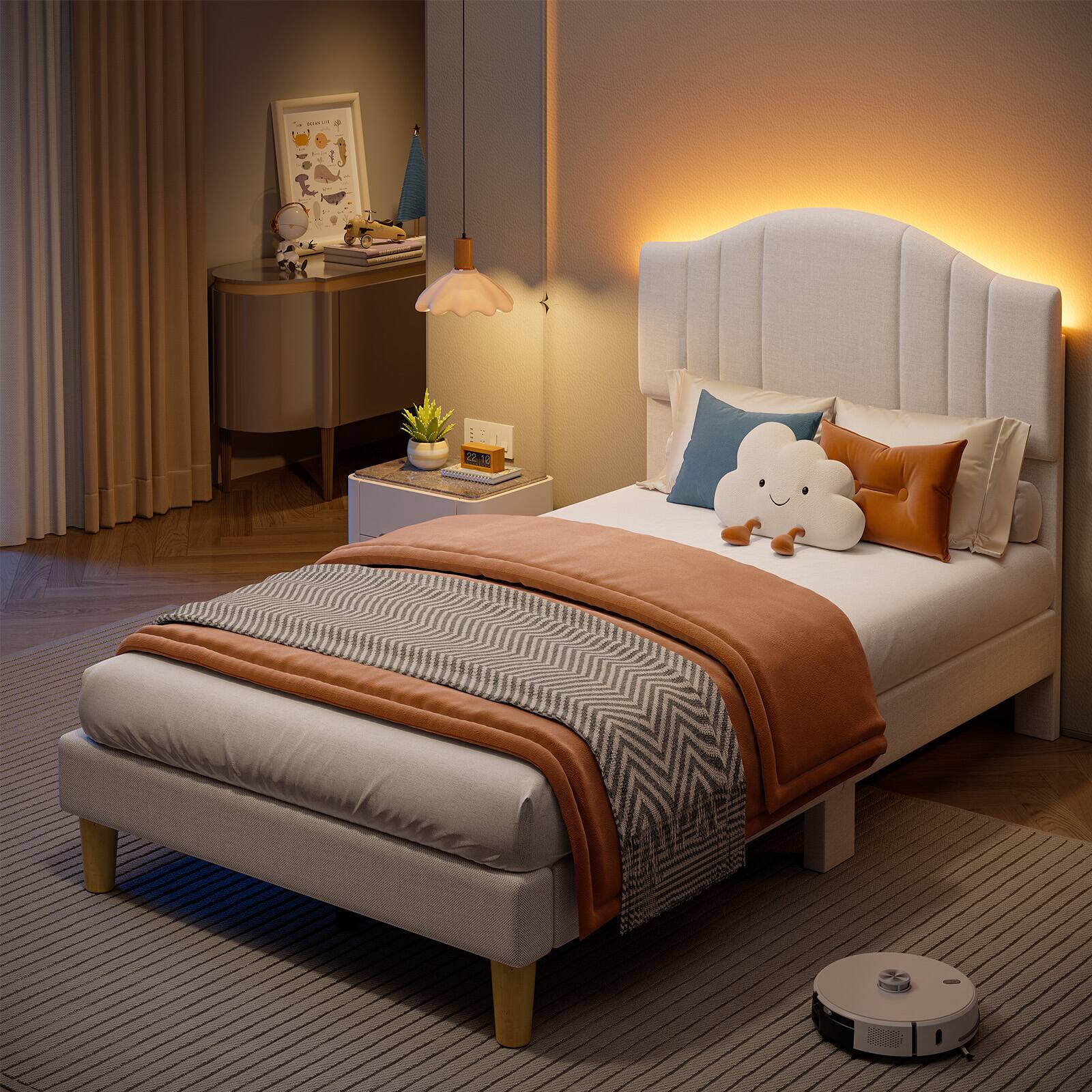 Angle. Pinmoco - Pinmoco - Upholstered Platform Bed Frame with Adjustable LED Arc Headboard - Fabric Beige.