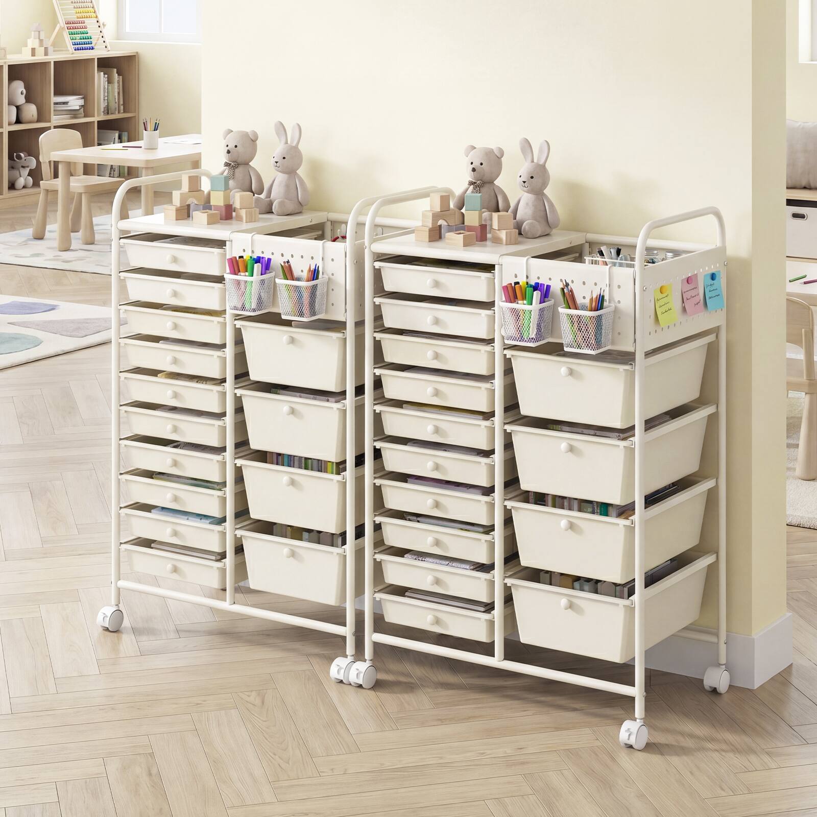 Alt View 3. Costway - Costway 14-Drawer Art & Craft Storage Carts with Pegboard, 2 Locking Brakes, Metal Frame for Home - White.