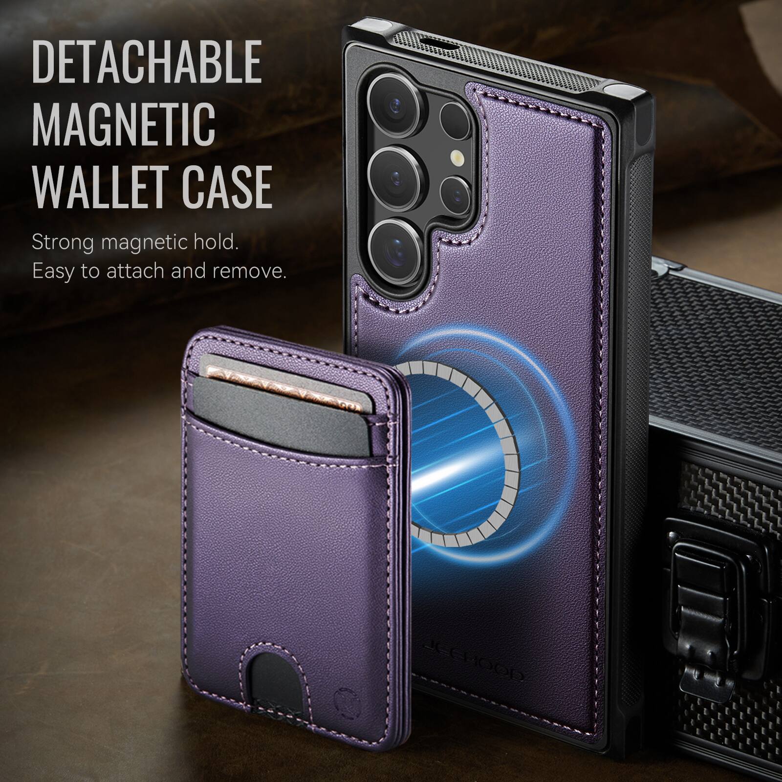 DETACHABLE MAGNETIC WALLET CASE

Strong magnetic hold.  
Easy to attach and remove.  

JECHOOD