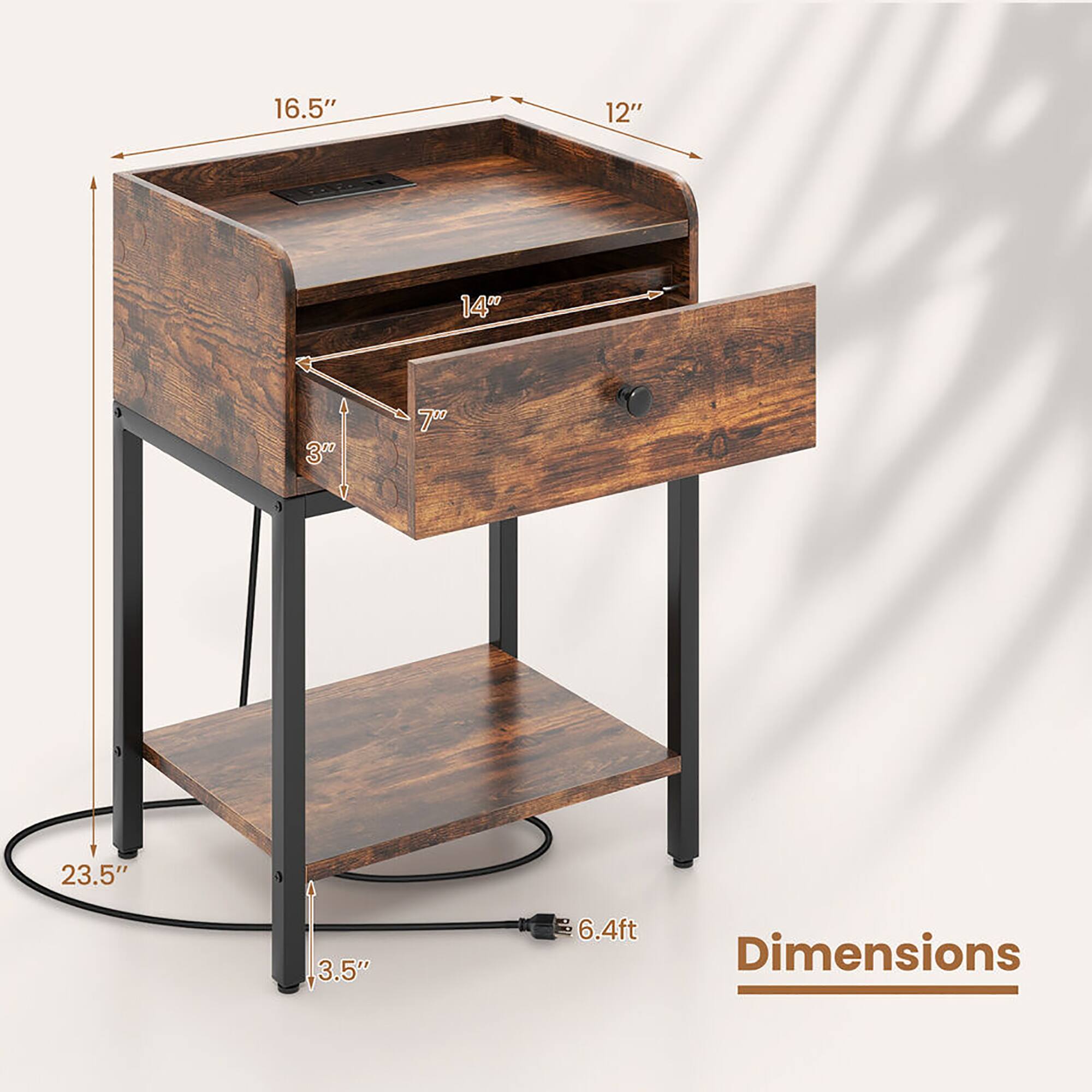 The dimensions of the table are as follows:

- Width: 16.5"
- Depth: 12"
- Height: 6.4 ft
- Drawer Height: 3"
- Drawer Depth: 7"
- Shelf Height: 3.5"
- Shelf Width: 23.5"