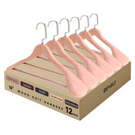 BP4U - 12-Pack Premium Wide Shoulder Wooden Suit Hangers, 16" Women's Clother Hangers with Pant Bar - Cedar Wood