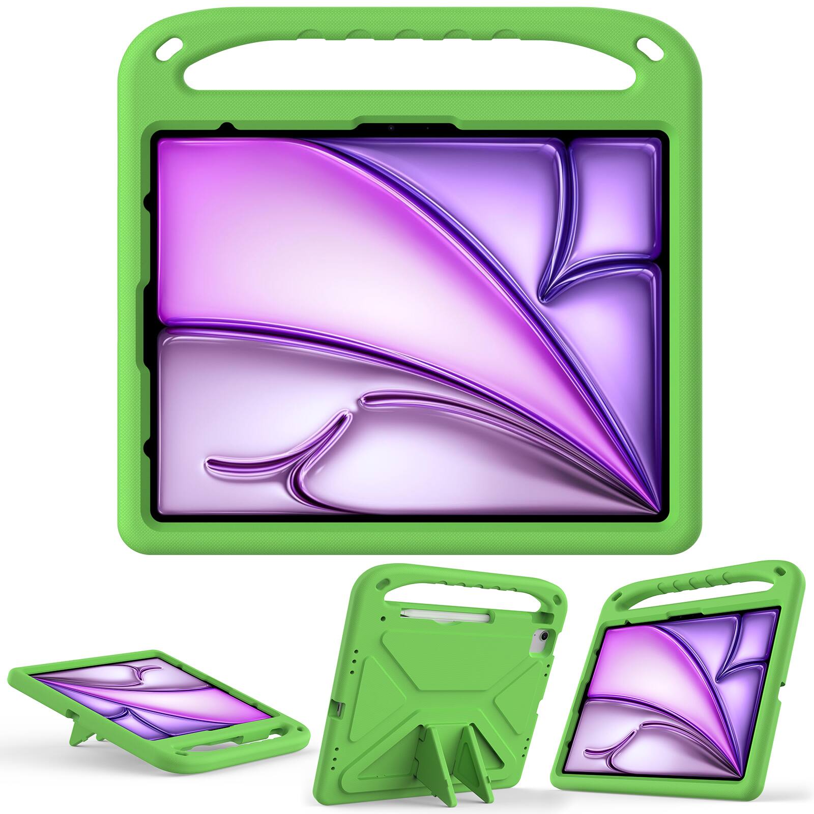 Angle. Dteck - For iPad Air 13 M4(2026)/(2025)/(2024) Rugged Case Kids Friendly EVA Handle Grip Pencil Holder Kickstand Cover - Green.