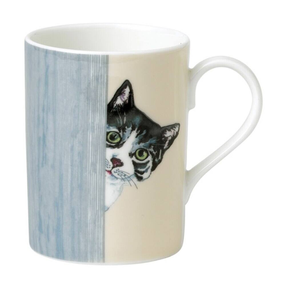 Left. Jiallo - Roy Kirkham LUCY MUG-CAT THROUGH THE DOOR, Set of 6, Bone China Ceramic, Made in England - Mutli color.