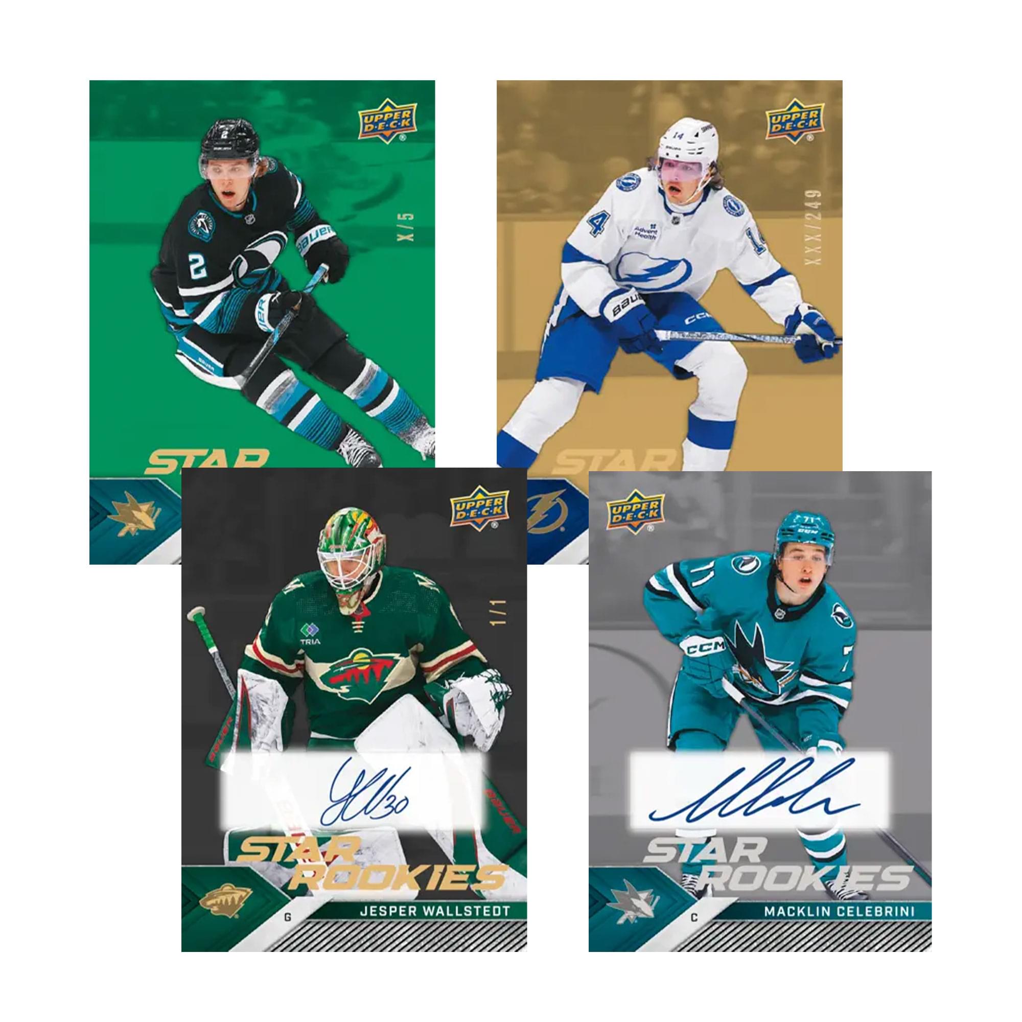 UPPER DECK  
UPPER DECK  
A S SL X/5 Bau CR XXX/249 STAD STAR UPPER UPPER DECK 3 DECK  
TRLL SAT 1/1 CCM Hbo STAR ROOKIES TT  
JESPER WALLSTEDT  
G lil STAR ROOKIES  
MACKLIN CELEBRINI