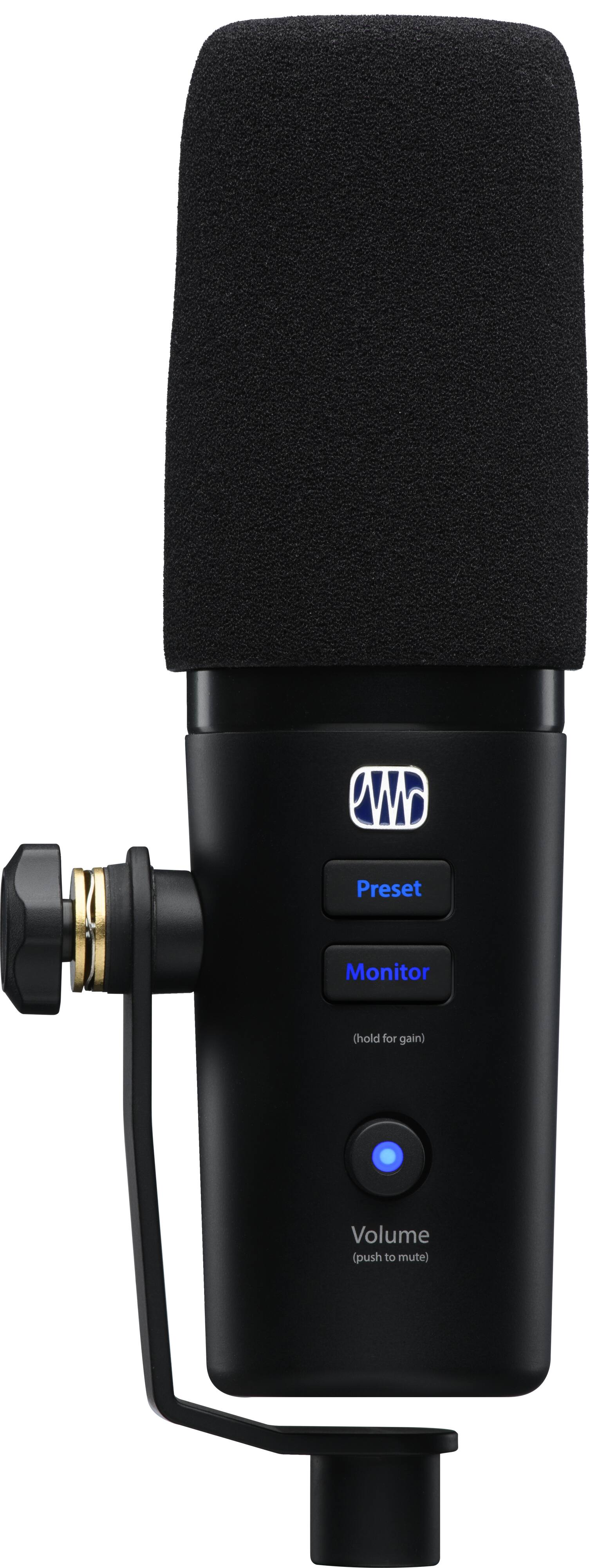 The image shows a black microphone with a blue light on it. The microphone has a volume control and a mute button, which can be used to adjust the sound level and silence the audio signal, respectively. The microphone is designed to provide a clear and accurate representation of the sound being captured, making it suitable for various applications such as recording, live performances, and podcasting.