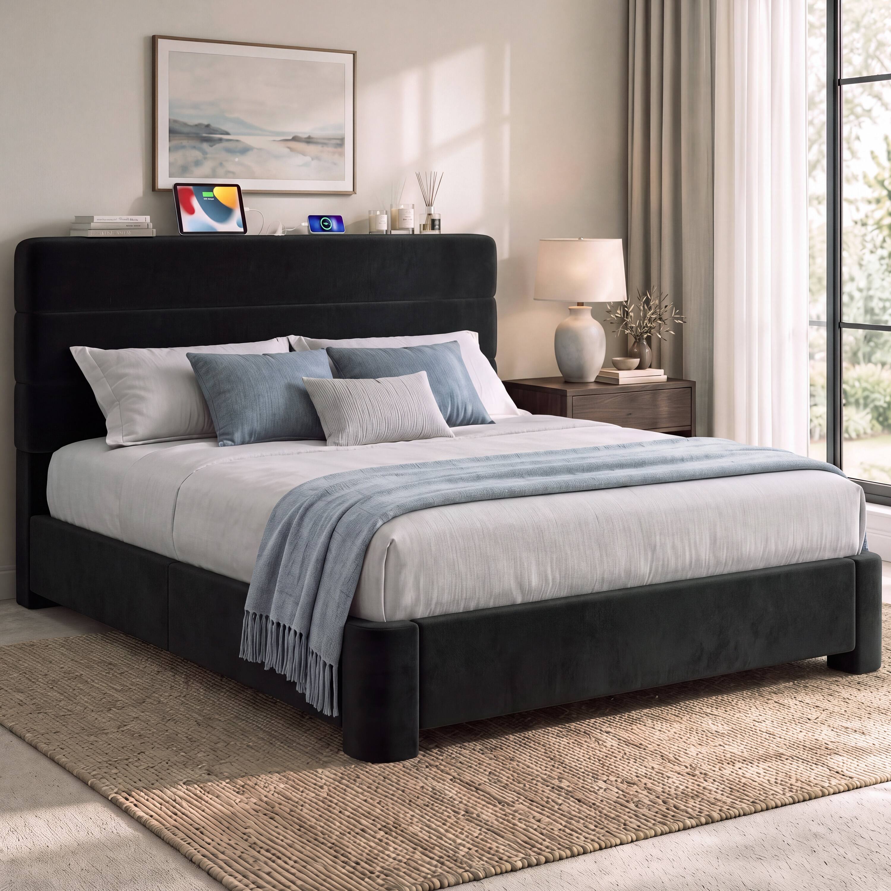 Left. Vipbear - Q/K Upholstered Bed Frame with USB/Type-C Charging, Platform Bed, No Box Spring Needed, Works with 8–14" Mattresses - Black.