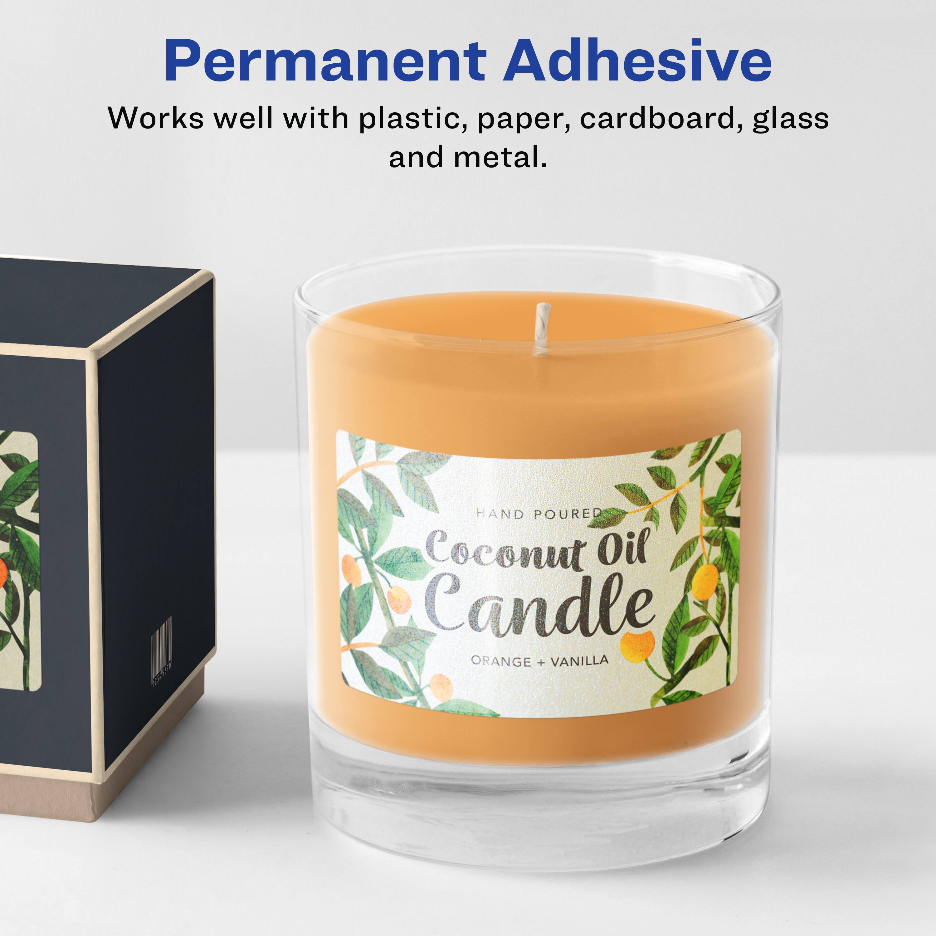 Permanent Adhesive  
Works well with plastic, paper, cardboard, glass and metal.  

4P HAND POURED Coconut Oil Candle  
ORANGE + VANILLA