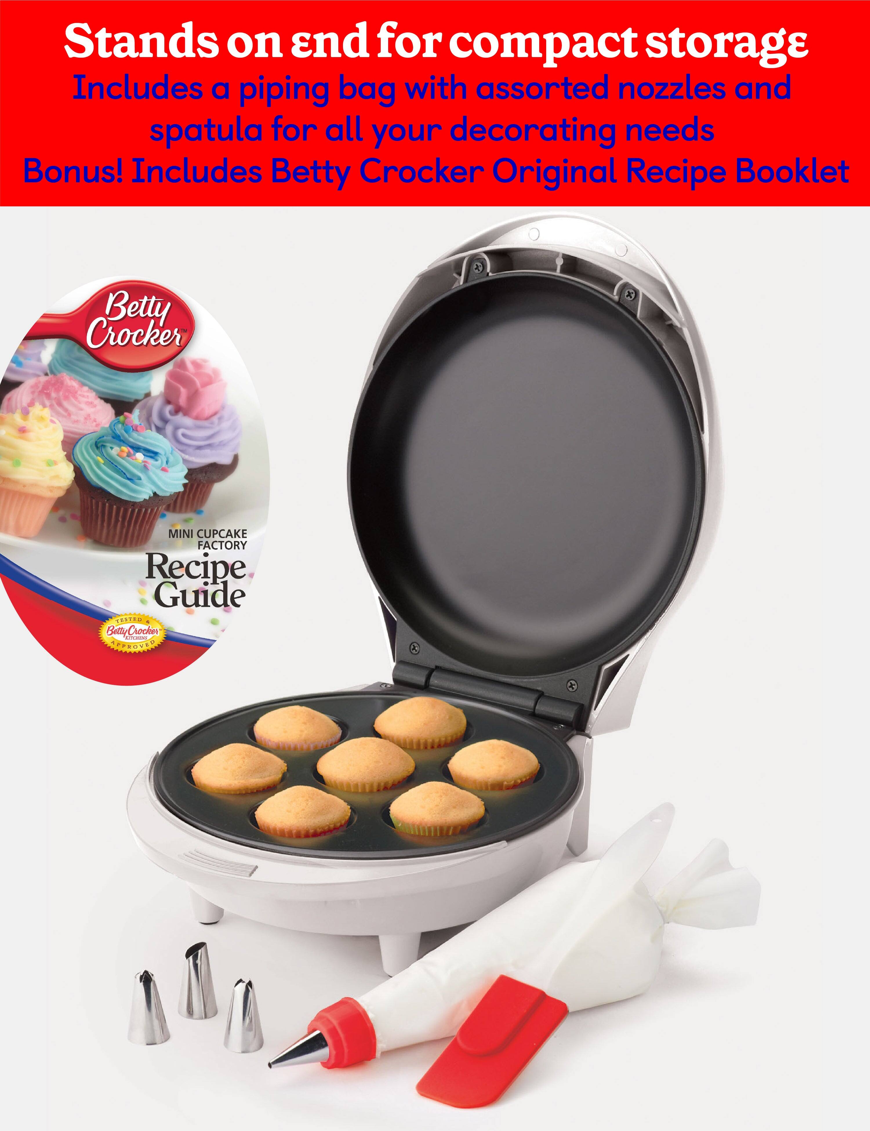 Stands on end for compact storage. Includes a piping bag with assorted nozzles and spatula for all your decorating needs. Bonus! Includes Betty Crocker Original Recipe Booklet. Betty Crocker MINI CUPCAKE FACTORY Recipe Guide.