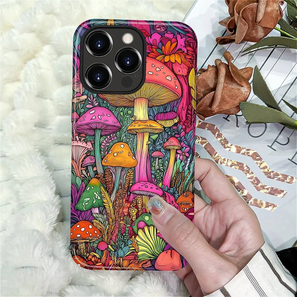 Alt View 5. Wikistore - Case for iPhone 14 Pro - Hybrid 2-Layer Durable Smartphone Protection Case - Psychedelic Mushrooms.