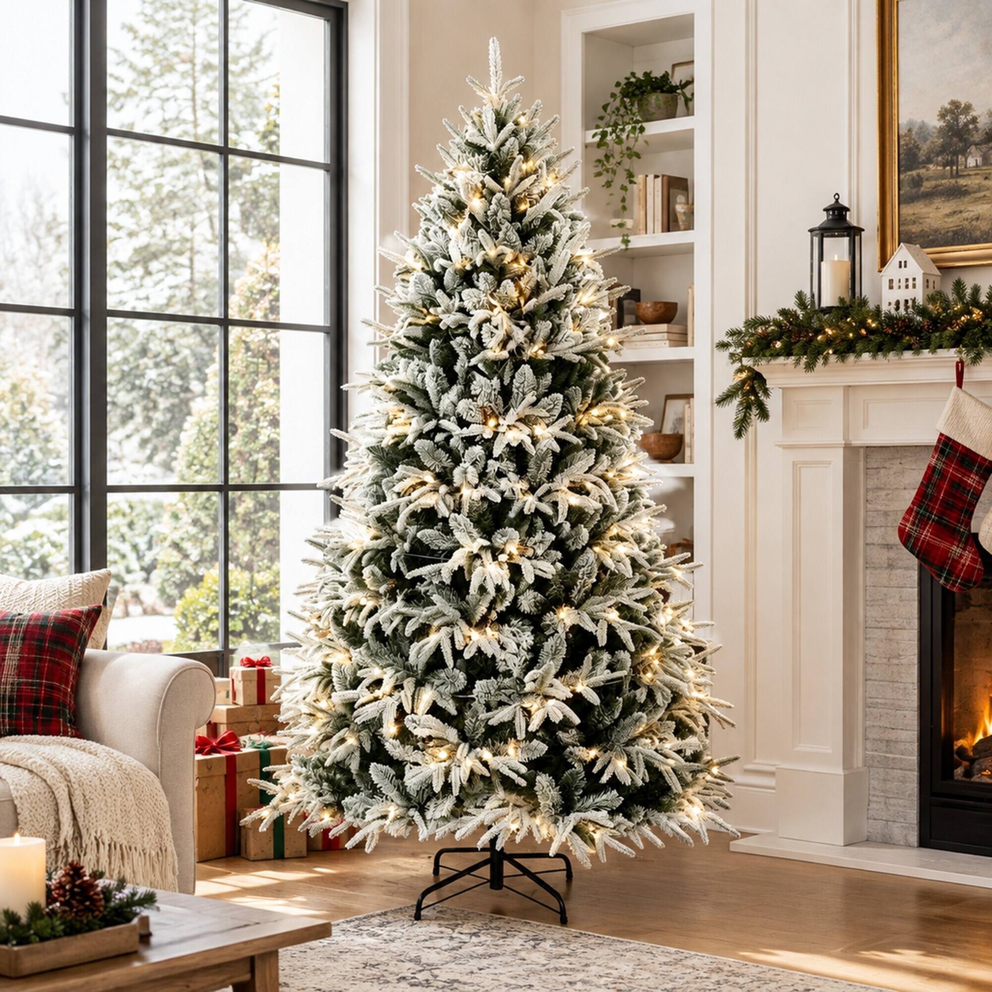 RYHNUYNE Pre Lit Flocked Snowy Artificial Christmas Tree With Frosted ...