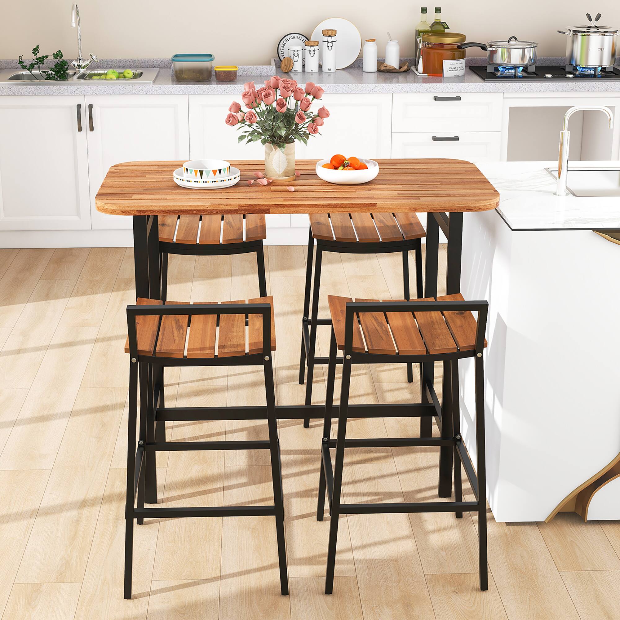 Alt View 4. Gymax - Gymax Acacia Wood Patio Table & Chair Set 5 Pcs Outdoor Dining Set w/ 1 Table & 4 Bar Height Chairs - Natural, Black.