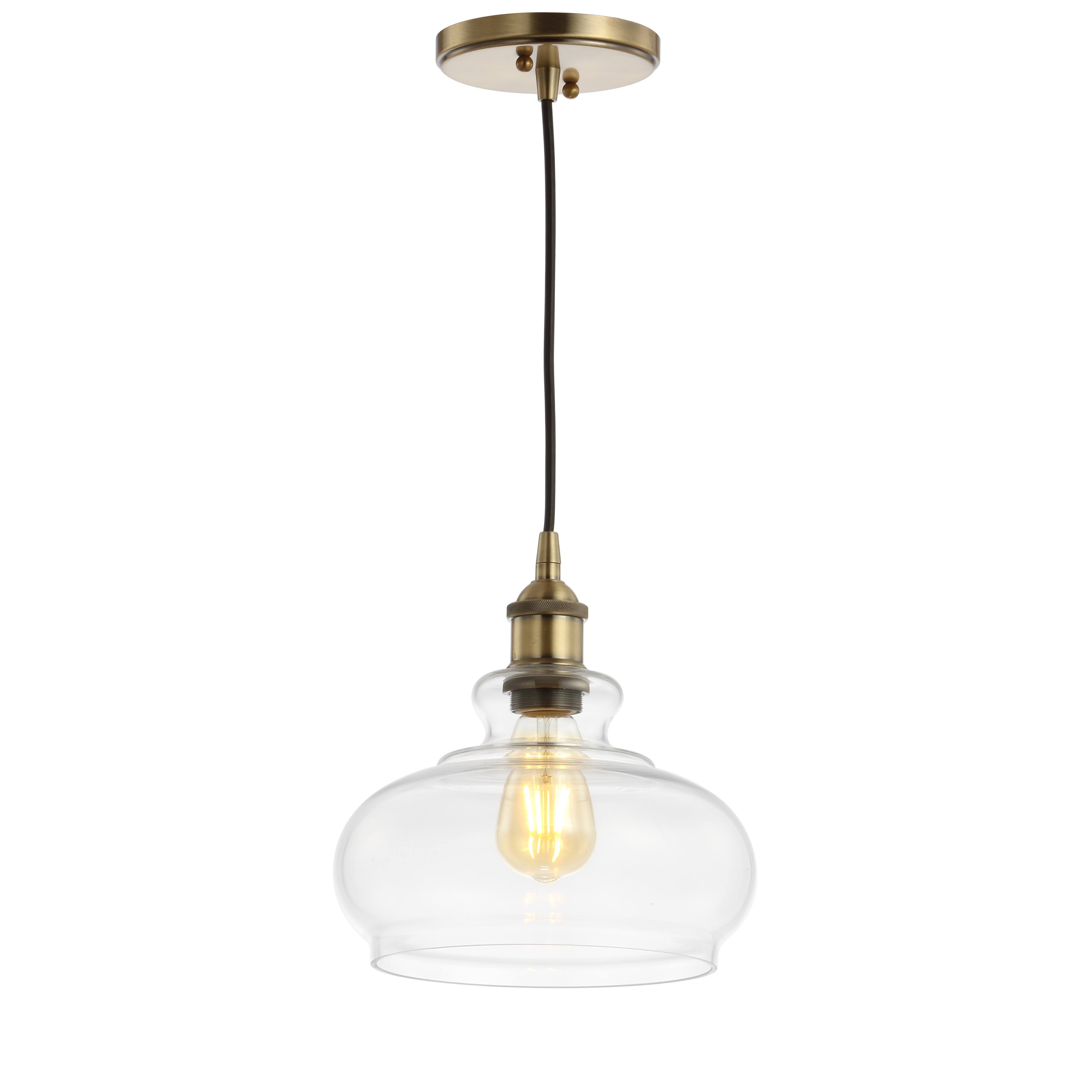 Front. Jonathan Y - Wyatt 9.5" Adjustable Drop Pharmacy Metal/Glass LED Pendant, Brass Gold - Brass Gold.