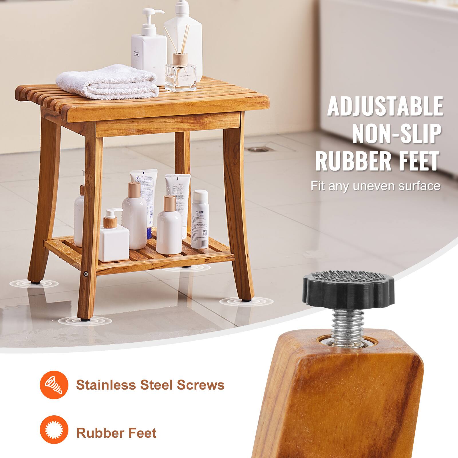 ADJUSTABLE NON-SLIP RUBBER FEET  
Fit any uneven surface  

Stainless Steel Screws  
Rubber Feet