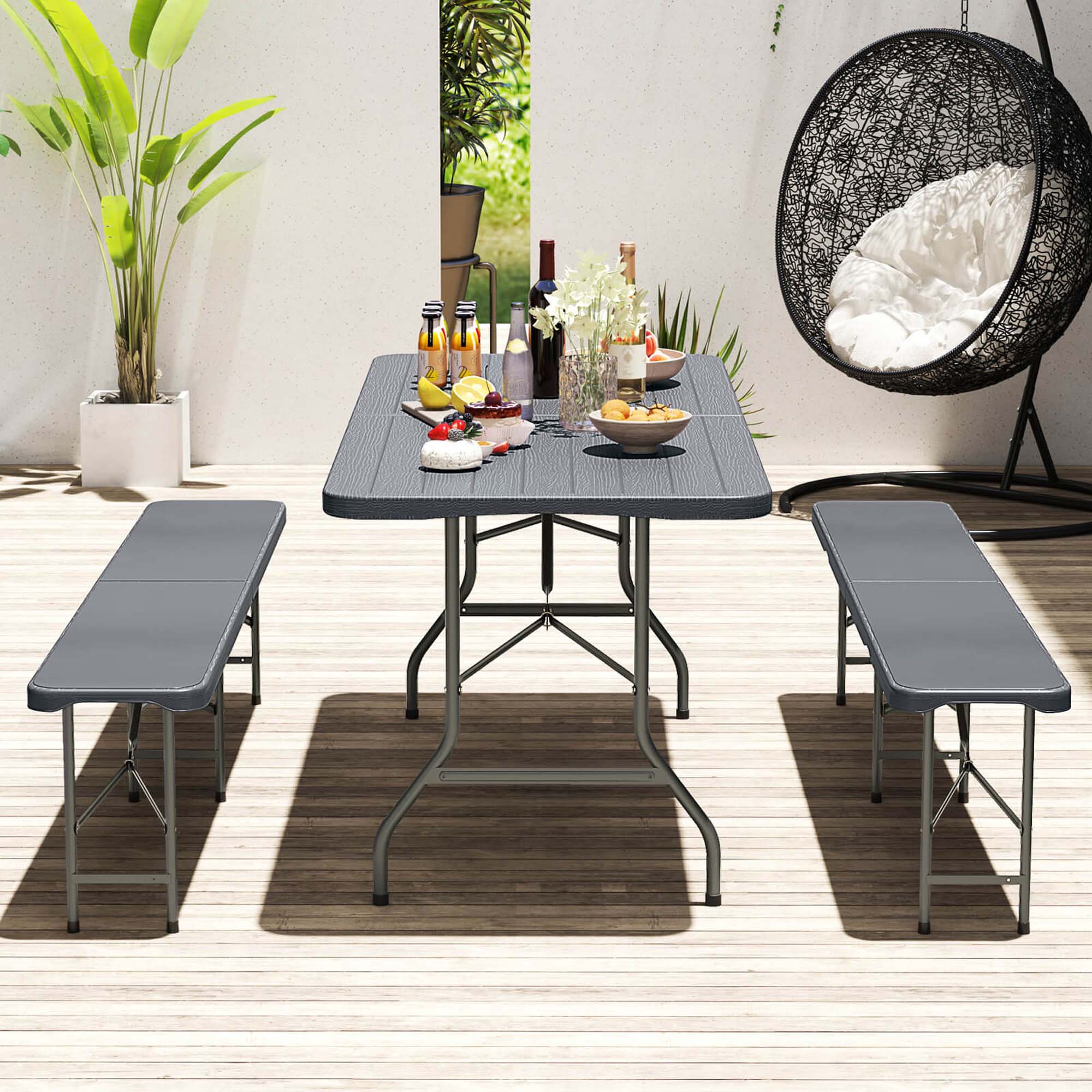 Alt View 1. Costway - Costway 3 PCS Folding Picnic Table Set with 6 ft Table & 2 Benches HDPE Wood-Like Tabletop - Gray.