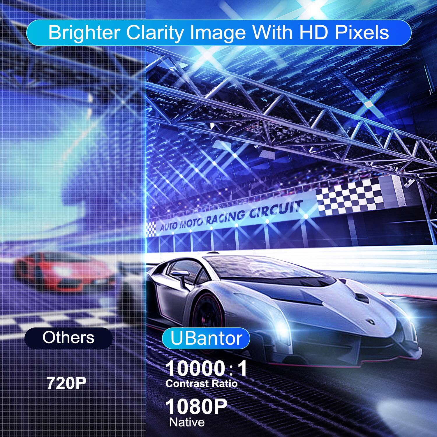 Brighter Clarity Image With HD Pixels

Others
720P

UBantor
10000:1 Contrast Ratio
1080P Native