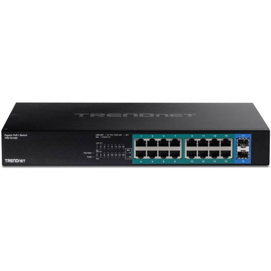 TRENDNET Gigabit PoE+ Switch  
TP-TE10182  

18-Port Gigabit PoE+ Switch  
IEEE 802.3af/at/ab  
10/100/1000BASE-T  
10/100/1000BASE-TX  
10/100/1000BASE-TX  
10/100/1000BASE-TX  
10/100/1000BASE-TX  
10/100/1000BASE-TX  
10/100/1000BASE-TX  
10/100/1000BASE-TX  
10/100/1000BASE-TX  
10/100/1000BASE-TX  
10/100/1000BASE-TX  
10/100/1000BASE-TX  
10/100/1000BASE-TX  
10/100/1000BASE-TX  
10/1