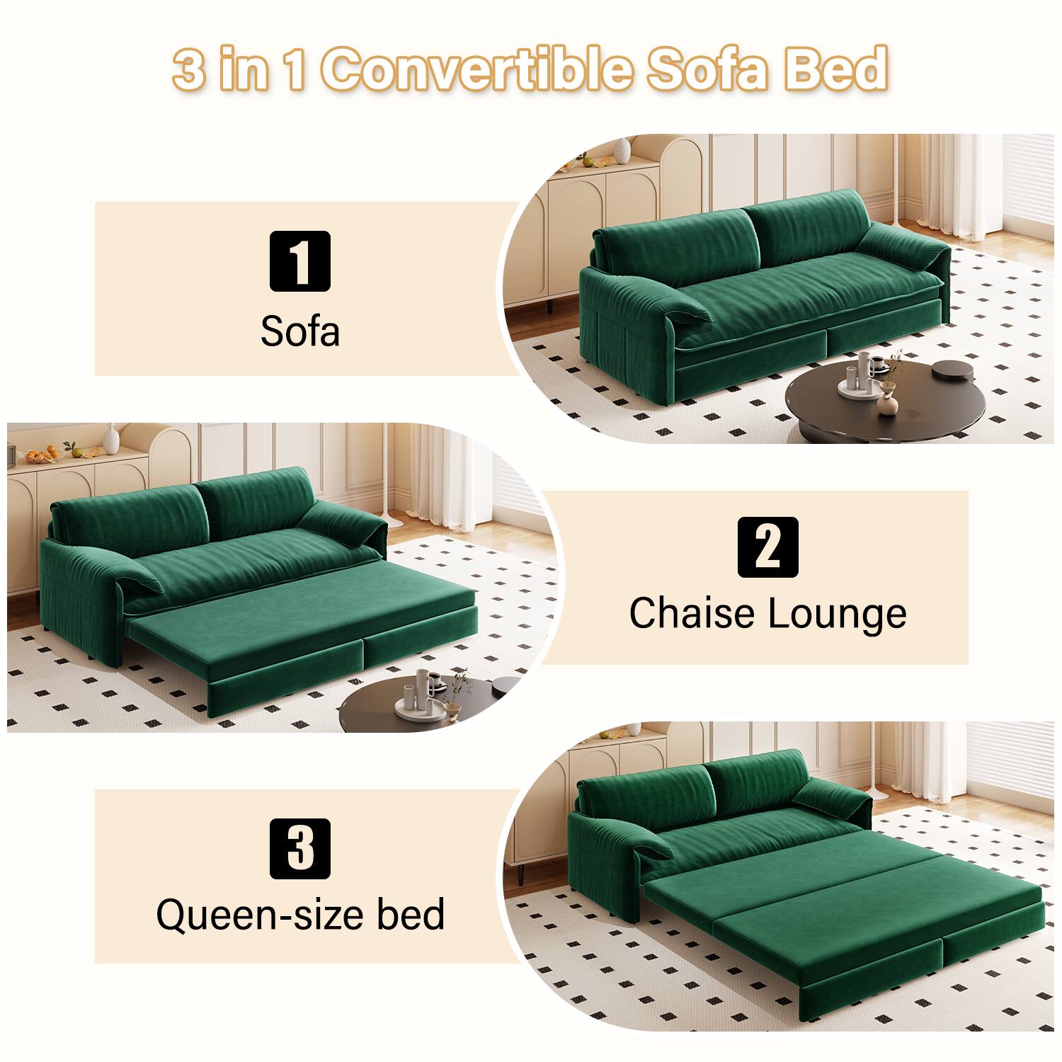 3 in 1 Convertible Sofa Bed: 1 Sofa, 2 Chaise Lounge, 3 Queen-size bed.