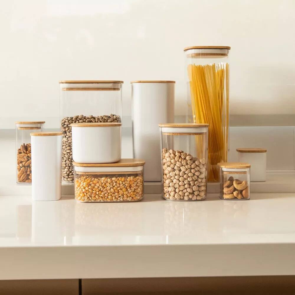 Left. OU - OU Airtight Food Storage Container w Bamboo Lid 4.2cup, Plastic Food Storage Container - Clear.