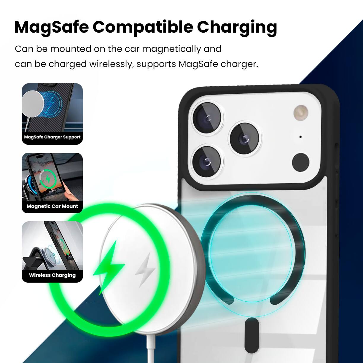 MagSafe Compatible Charging

Can be mounted on the car magnetically and can be charged wirelessly, supports MagSafe charger.

- MagSafe Charger Support
- Magnetic Car Mount
- Wireless Charging