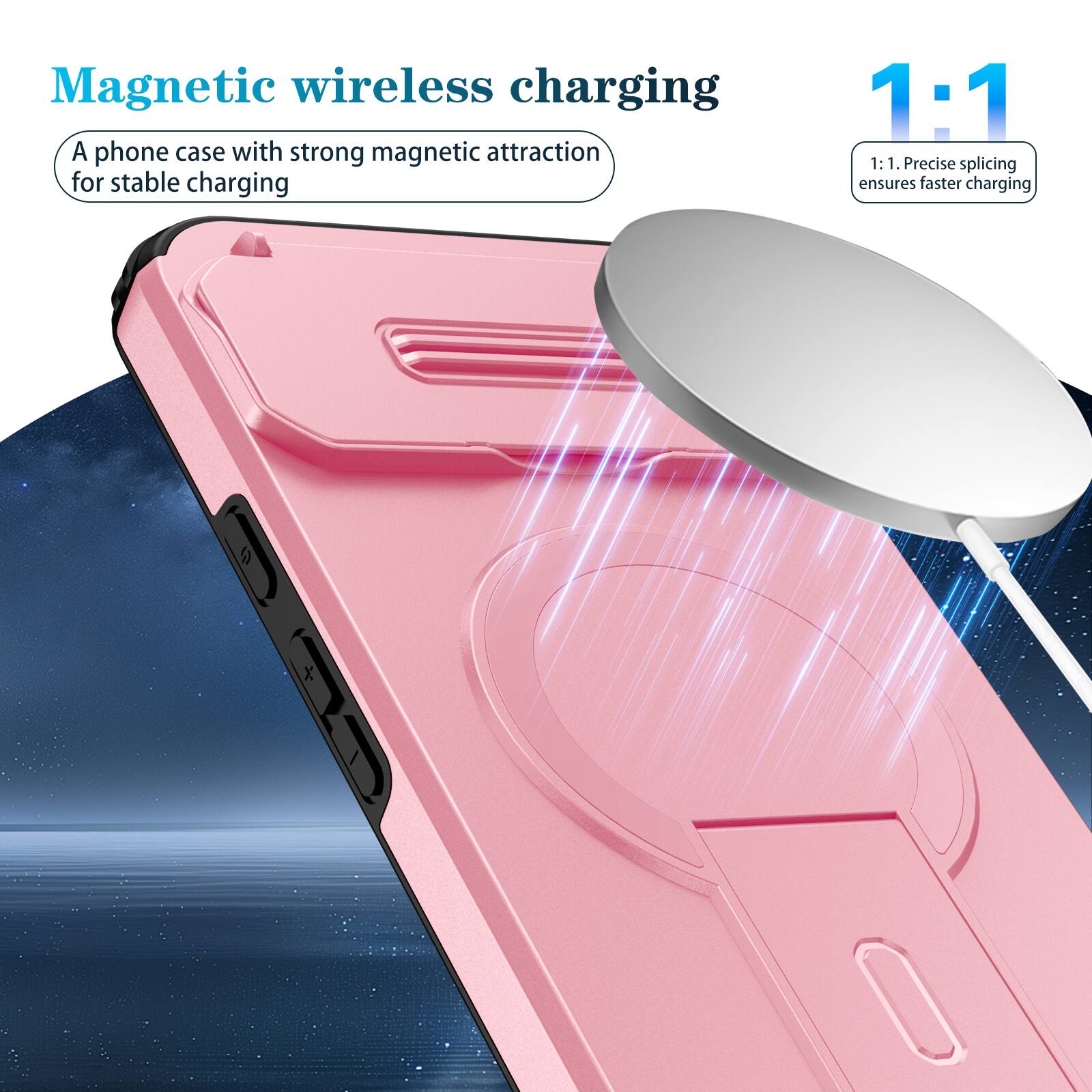 Magnetic wireless charging

A phone case with strong magnetic attraction for stable charging

1:1

1:1. Precise splicing ensures faster charging