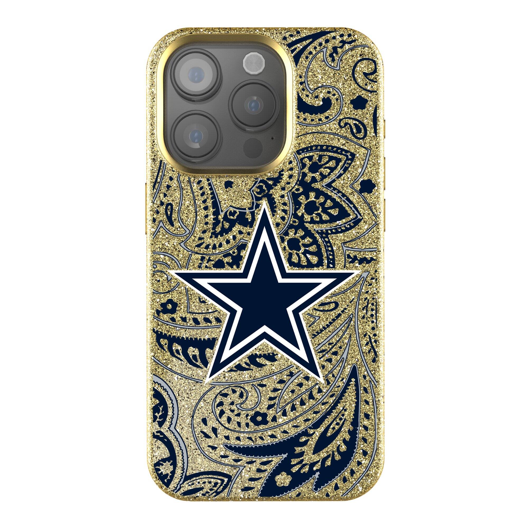 Front. Keyscaper - Dallas Cowboys Paisley Bling iPhone Case - 15 Pro Max - Gold.