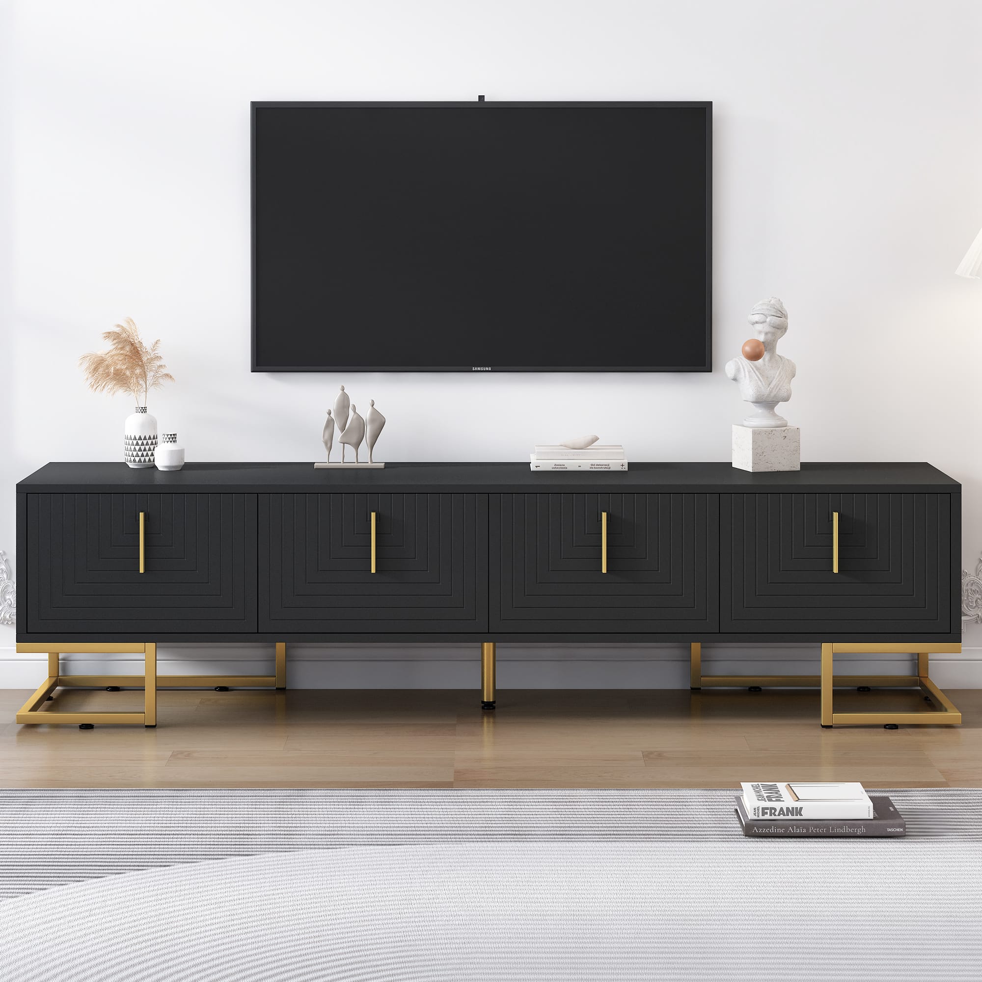 Spaco - TV Stand for 80" TVs, Metal Legs with Gold Handles, Storage Cabinets, Adjustable Shelves, Geometric Design - Black+Gold