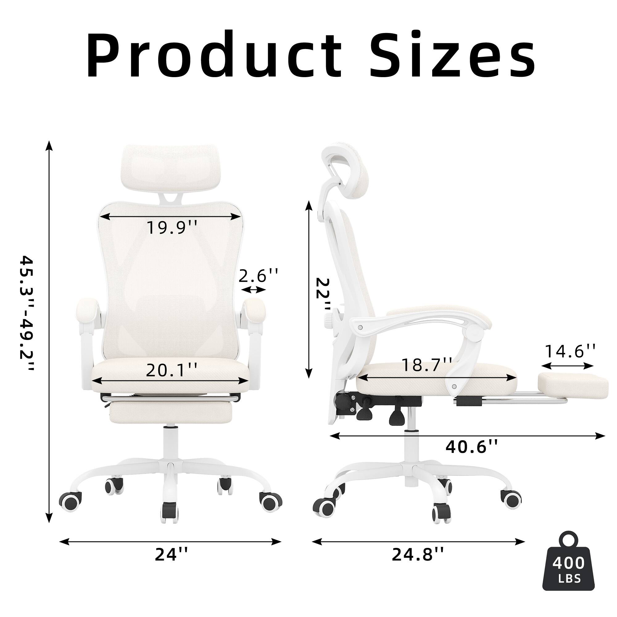 Product Sizes

- Height: 45.3" - 49.2"
- Width: 19.9"
- Depth: 20.1"
- Armrest Height: 2.6"
- Armrest Width: 22"
- Seat Height: 18.7"
- Seat Depth: 14.6"
- Base Width: 40.6"
- Base Diameter: 24"
- Overall Width: 24.8"
- Weight Capacity: 400 LBS