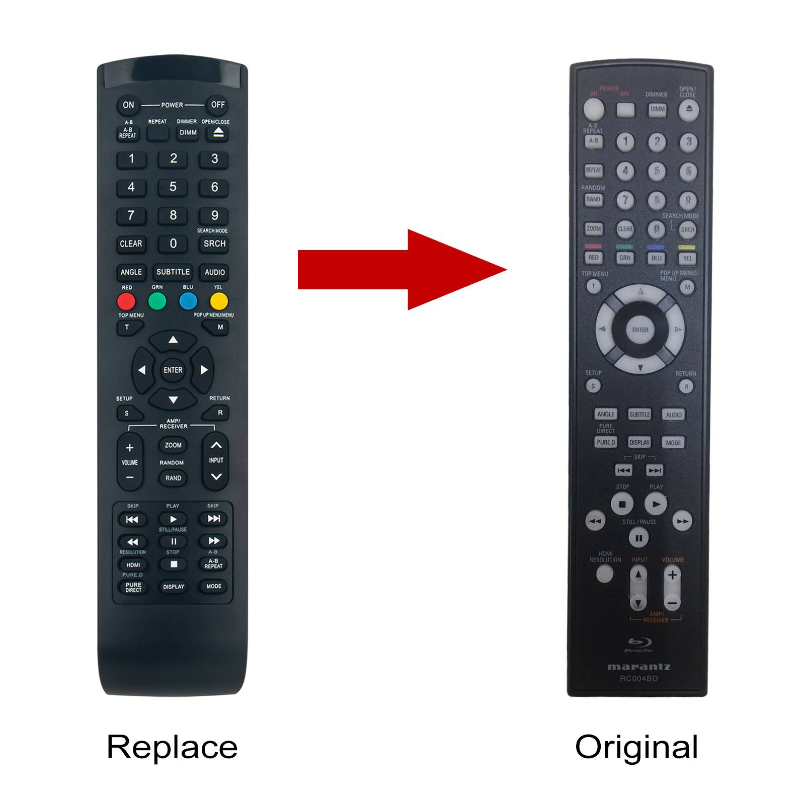 ON POWER OFF  
REPEAT DIMMER OPEN CLOSE  
1 2 3 4 5 6 7 8 9 0  
CLEAR SEARCH  
ANGLE SUBTITLE AUDIO  
RED GREEN BLUE YELLOW  
TOP MENU POP-UP MENU  
ENTER RETURN  
SETUP  
VOLUME RANDOM  
PLAY STOP SKIP  
REPEAT STILL/PAUSE  
HDMI RESOLUTION INPUT  
DISPLAY MODE  

Replace  

Original