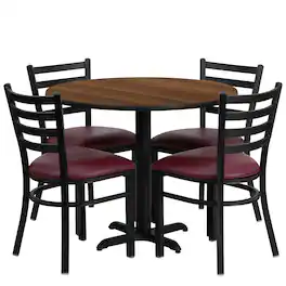 Flash Furniture - Carlton 36'' Round Walnut Laminate Table Set with X-Base and 4 Ladder Back Metal Chairs - Vinyl Seat - Burgundy