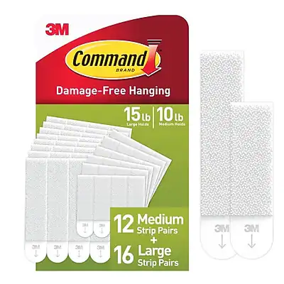 3M Command Brand Damage-Free Hanging
15 lb Large Holds
10 lb Medium Holes
12 Medium Strip Pairs + 16 Large Strip Pairs