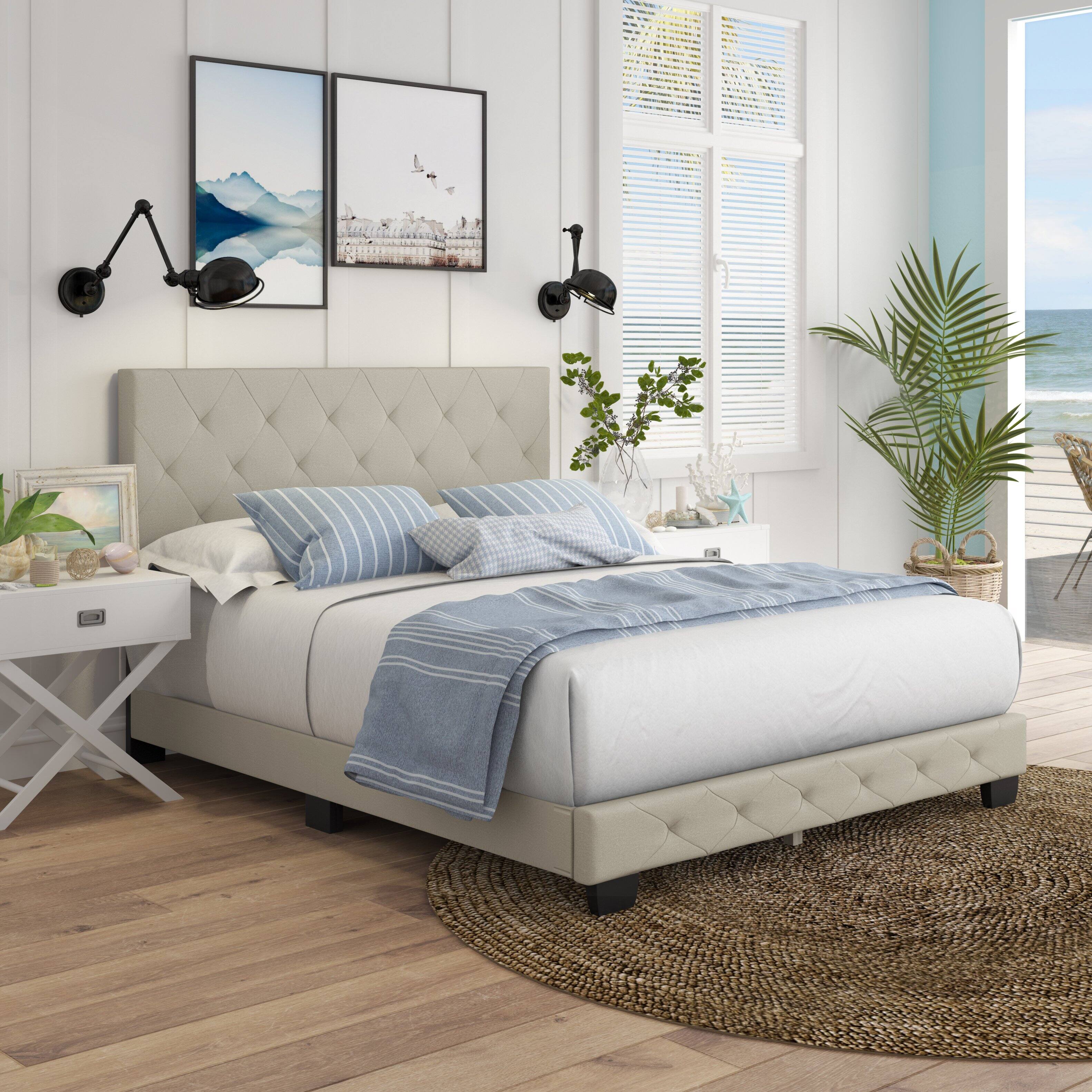 Alt View 5. Boyd Sleep - Chloe Upholstered Platform Bed Frame, 14 Slat Wood Support System, Queen - Beige.