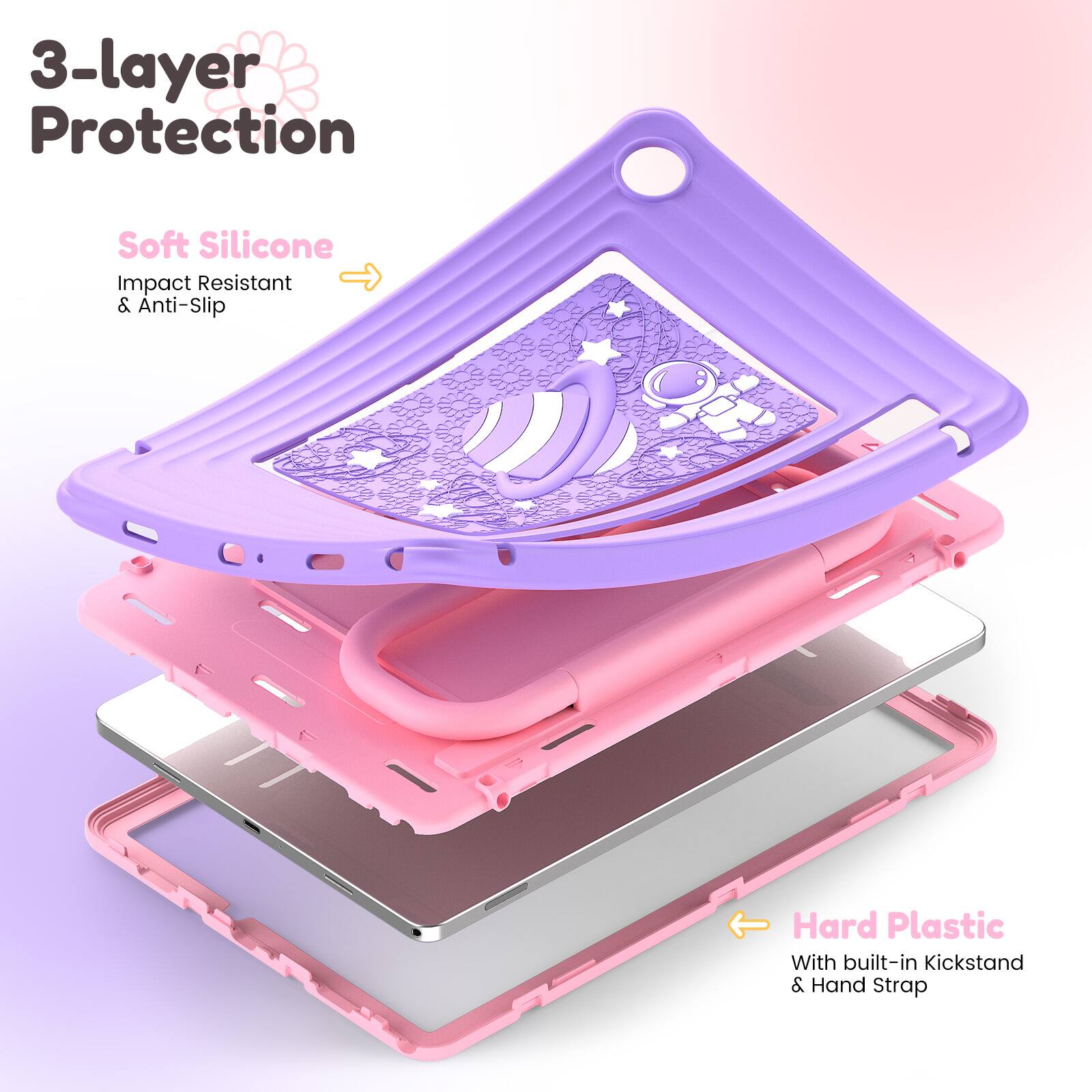 3-layer Protection

Soft Silicone  
Impact Resistant & Anti-Slip

Hard Plastic  
With built-in Kickstand & Hand Strap