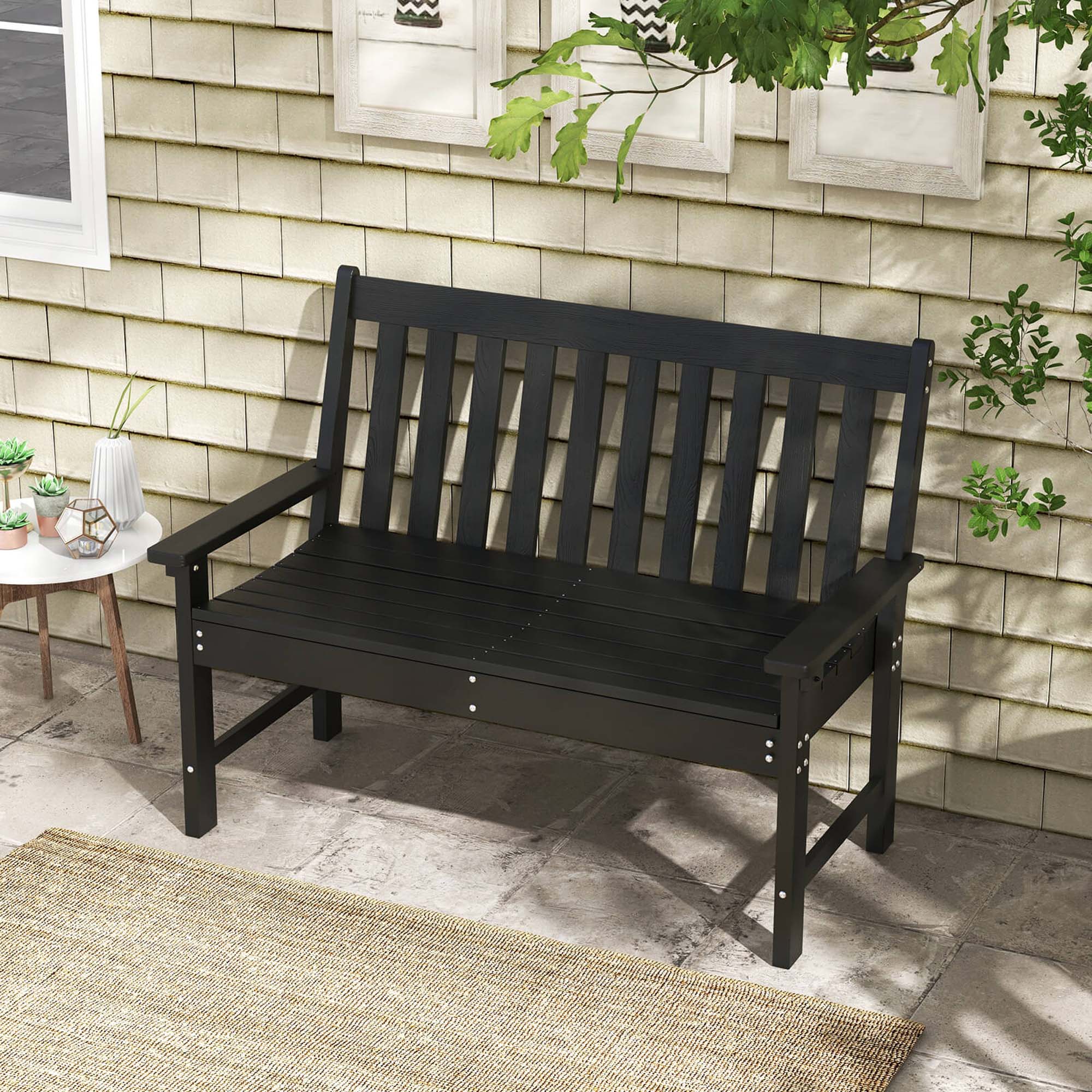 Alt View 4. Costway - Costway Garden Bench All-Weather HDPE 2-Person Outdoor Bench for Front Porch Backyard Black - Black.