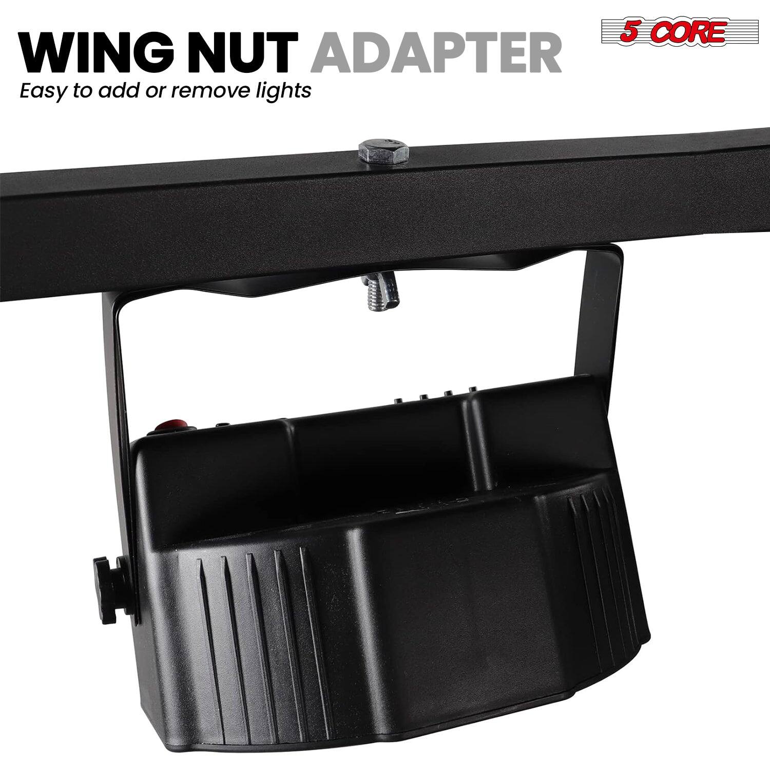 The corrected text from the image is:

"5 CORE WING NUT ADAPTER
Easy to add or remove lights"