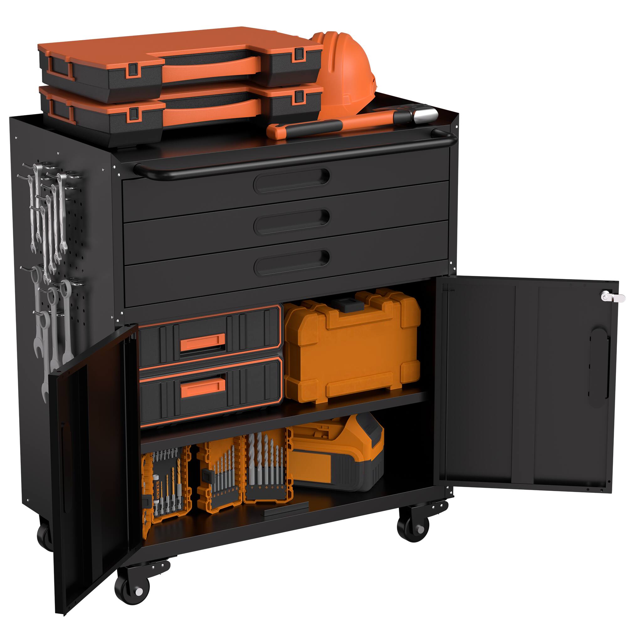 Alt View 5. LOVMOR - 34.3 Inch Heavy Duty Rolling Metal Tool Cabinet with Lockable Doors 3 Drawers Mobile Workbench for Garage Workshop Home.