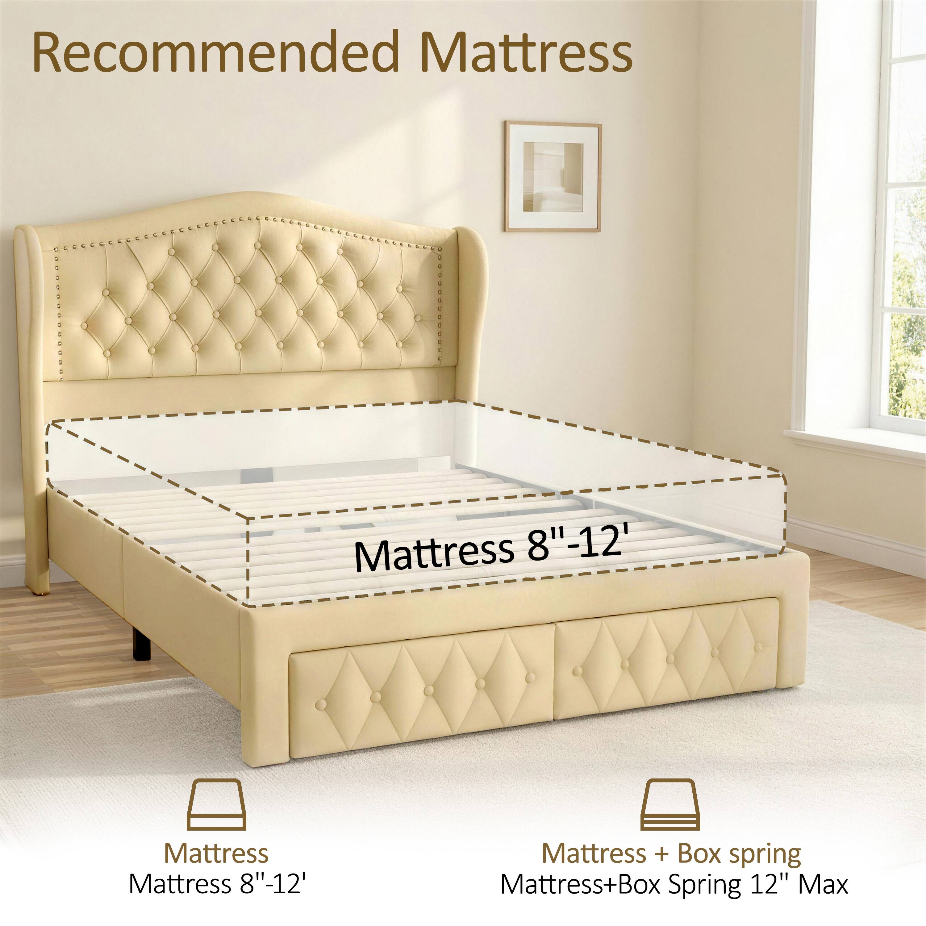 Recommended Mattress

- Mattress 8"-12"
- Mattress + Box spring 12" Max