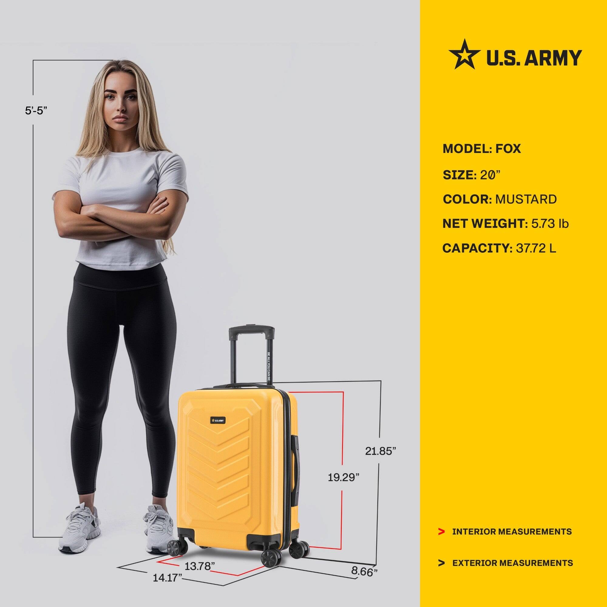 U.S. ARMY  
MODEL: FOX  
SIZE: 20"  
COLOR: MUSTARD  
NET WEIGHT: 5.73 lb  
CAPACITY: 37.72 L  

INTERIOR MEASUREMENTS  
13.78" x 14.17" x 8.66"  

EXTERIOR MEASUREMENTS  
21.85" x 19.29" x 8.66"