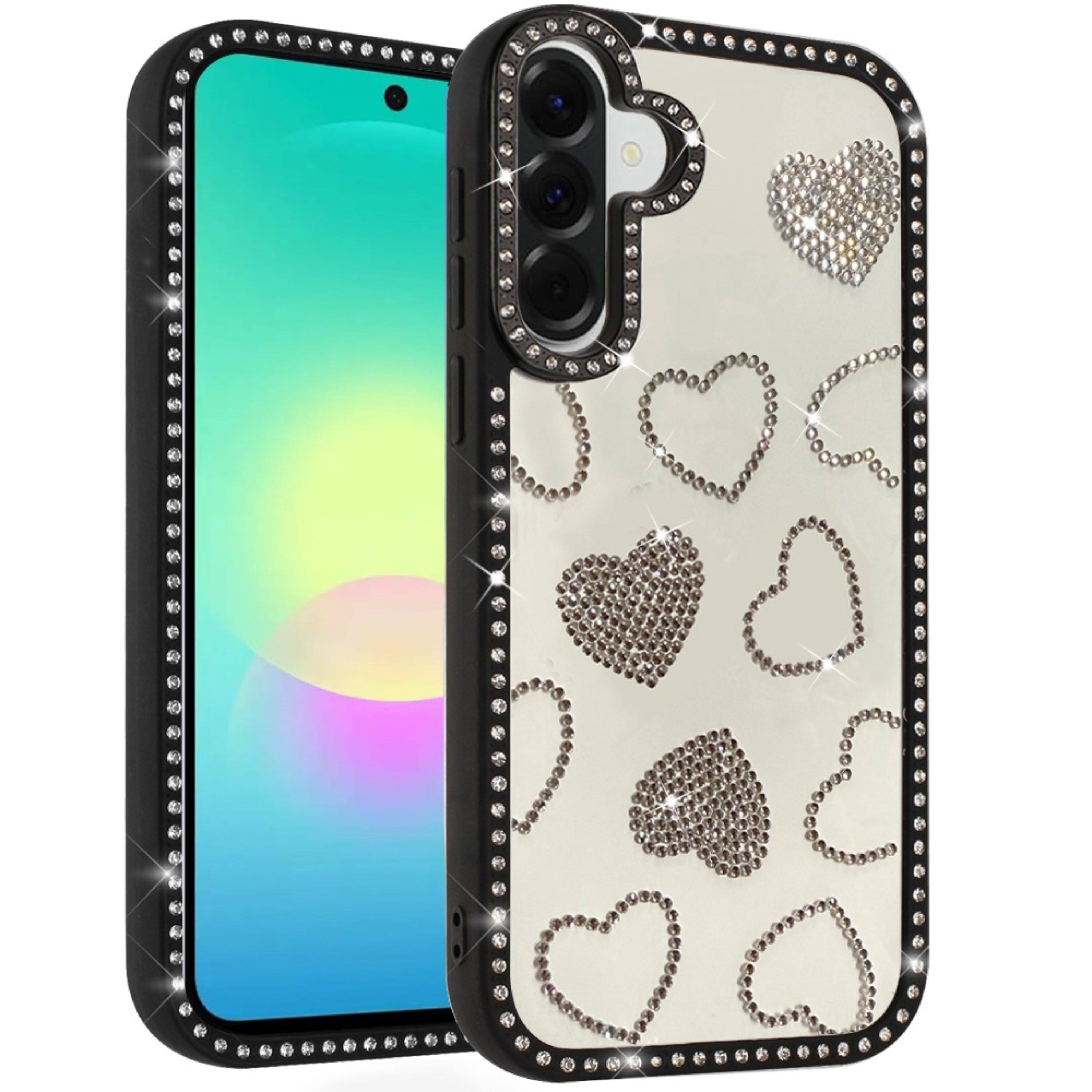 Front. Kitcheniva - Rhinestone Hearts With Bling Around Trim Plus Tempered Glass Beige - Black.