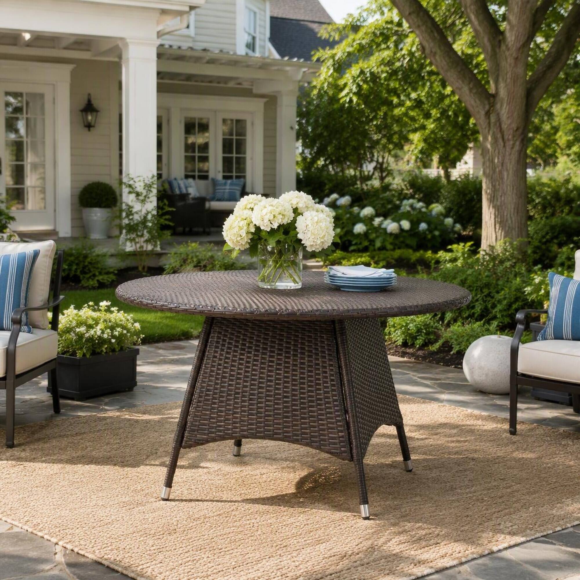 Back. RYHNUYNE - Dark Brown Wicker Round Patio Dining Table,Weather Resistant Rattan Outdoor Furniture for Garden Deck Porch - Brown.