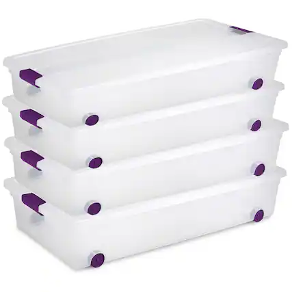 Front. Sterilite - Sterilite 60 Qt ClearView Latch Wheeled Stackable Storage Box, 4 Pack - Purple.