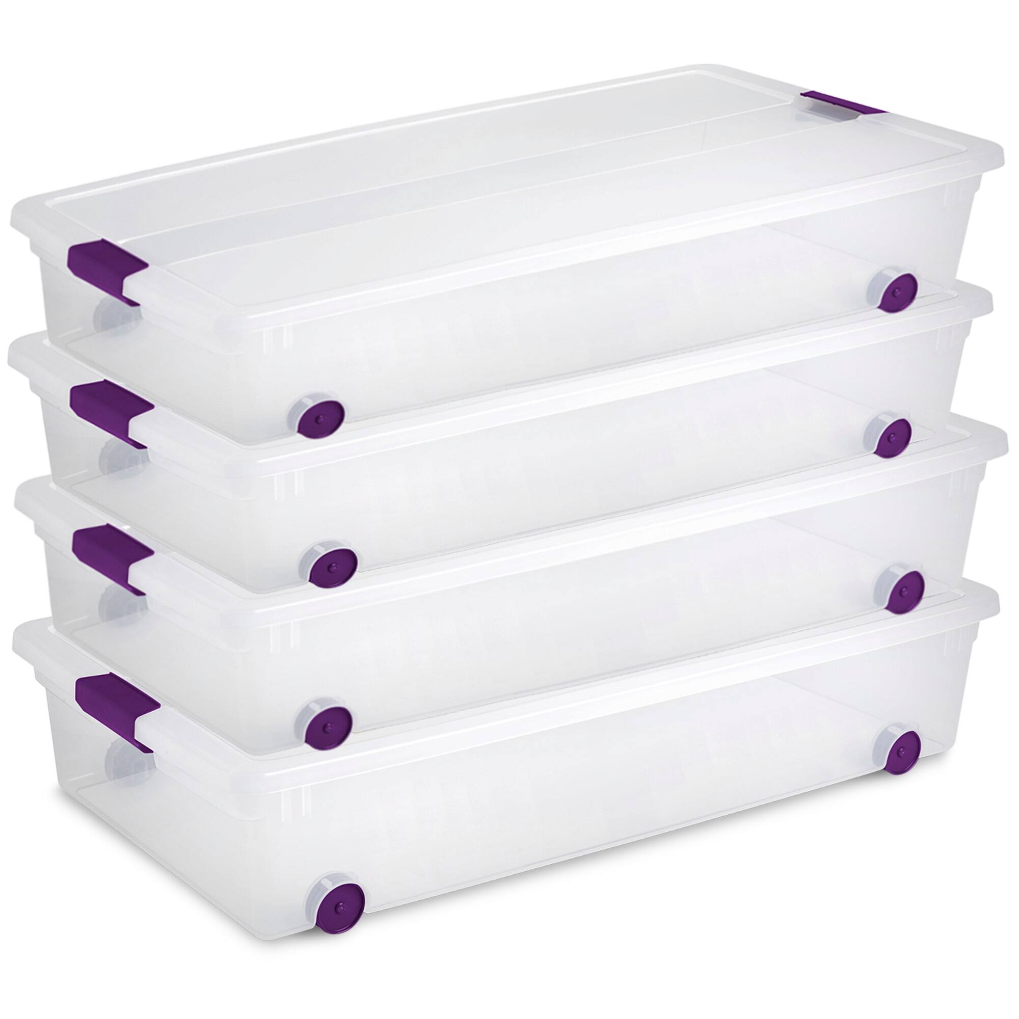 Sterilite - 60 Qt ClearView Latch Wheeled Underbed Stackable Storage Box, 4 Pack - Purple