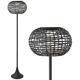 Jonathan Y - Jaemin 58" Modern Coastal Faux Rattan Integrated Indoor/Outdoor LED Solar Powered Floor Lamp - Black