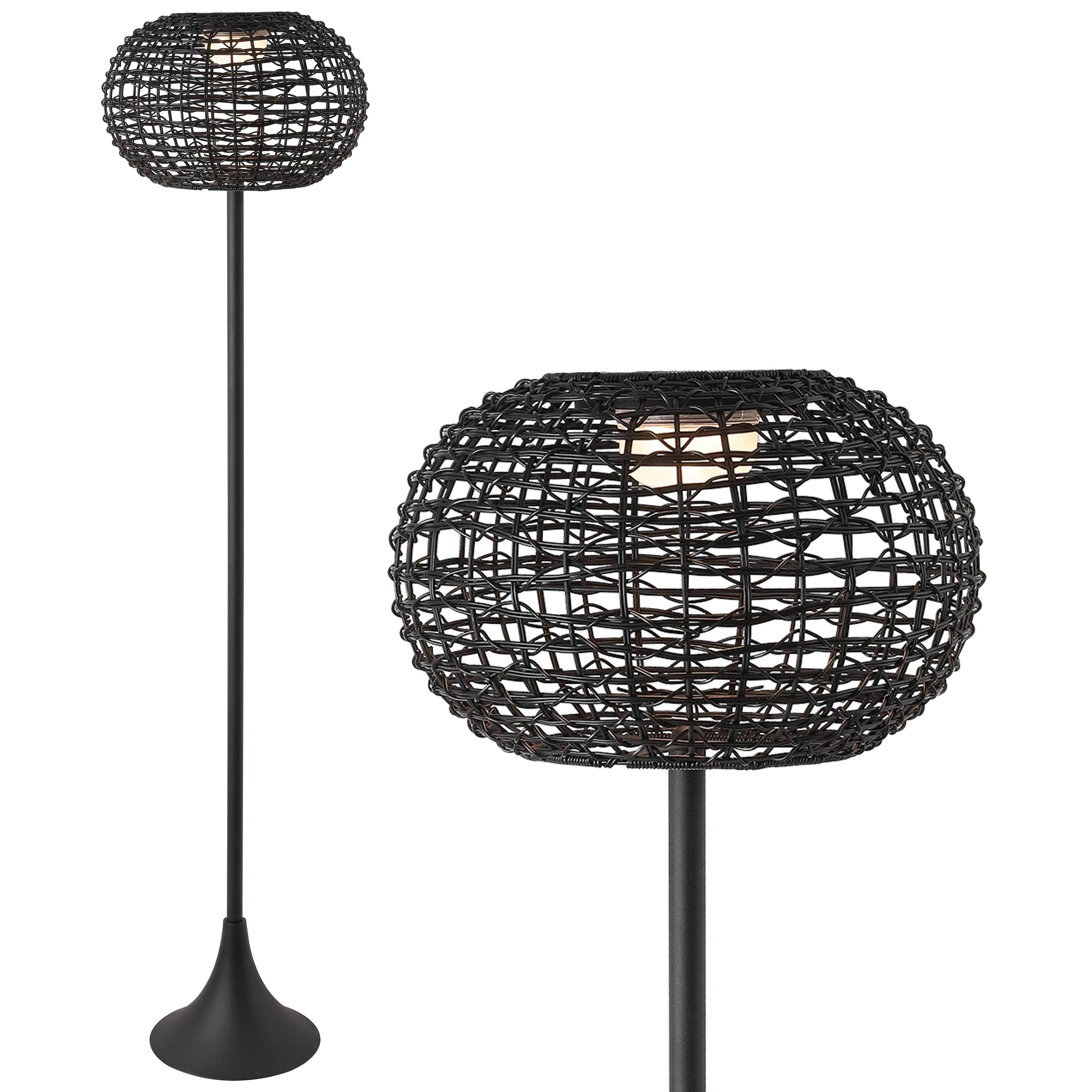 Front. Jonathan Y - Jaemin 58" Modern Coastal Faux Rattan Integrated Indoor/Outdoor LED Solar Powered Floor Lamp, Black - Black.