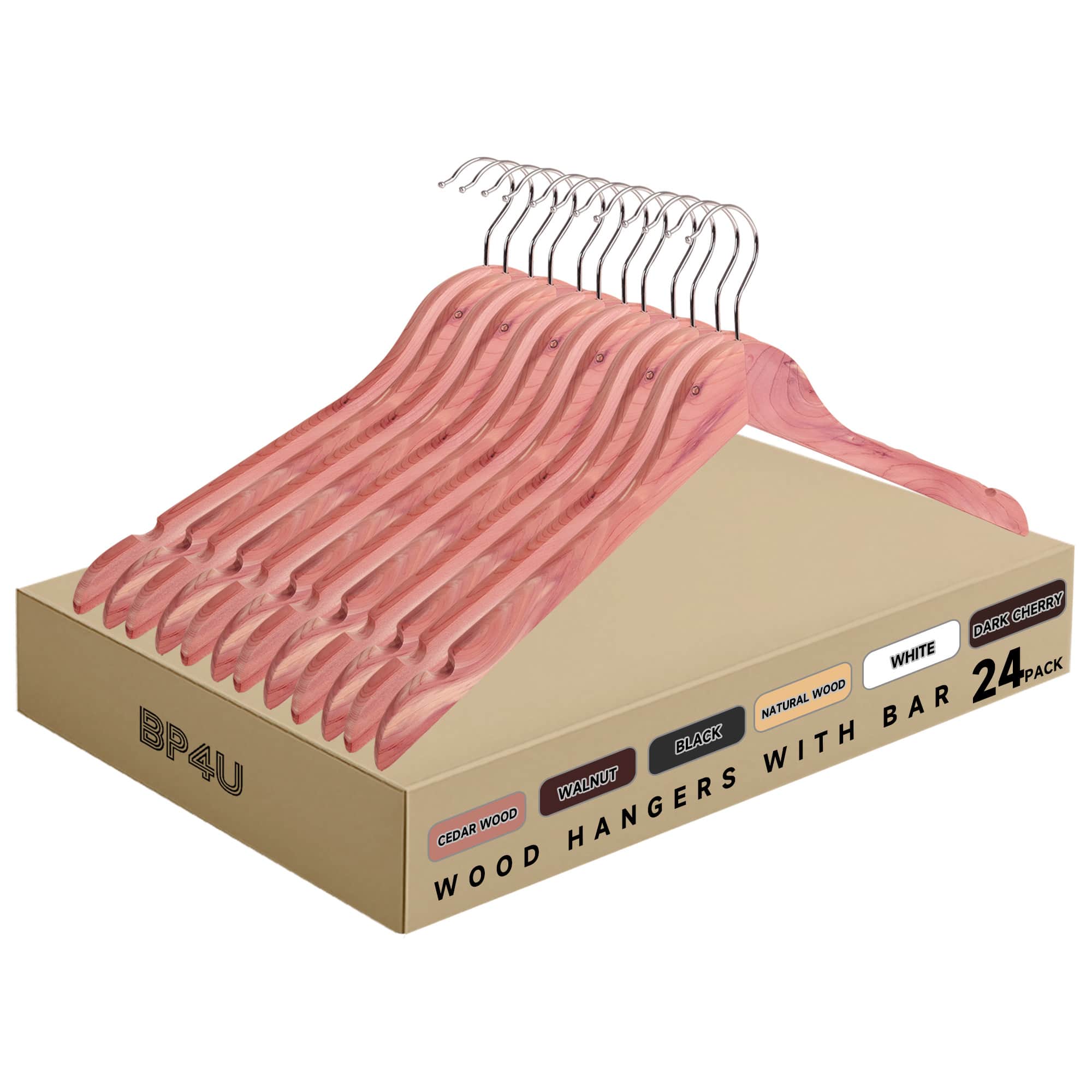 BP4U - 24-Pack Premium Wooden Clothes Hangers, Coat Shirt Top Hangers for Jackets, Shirts, Dresses - Cedar Wood
