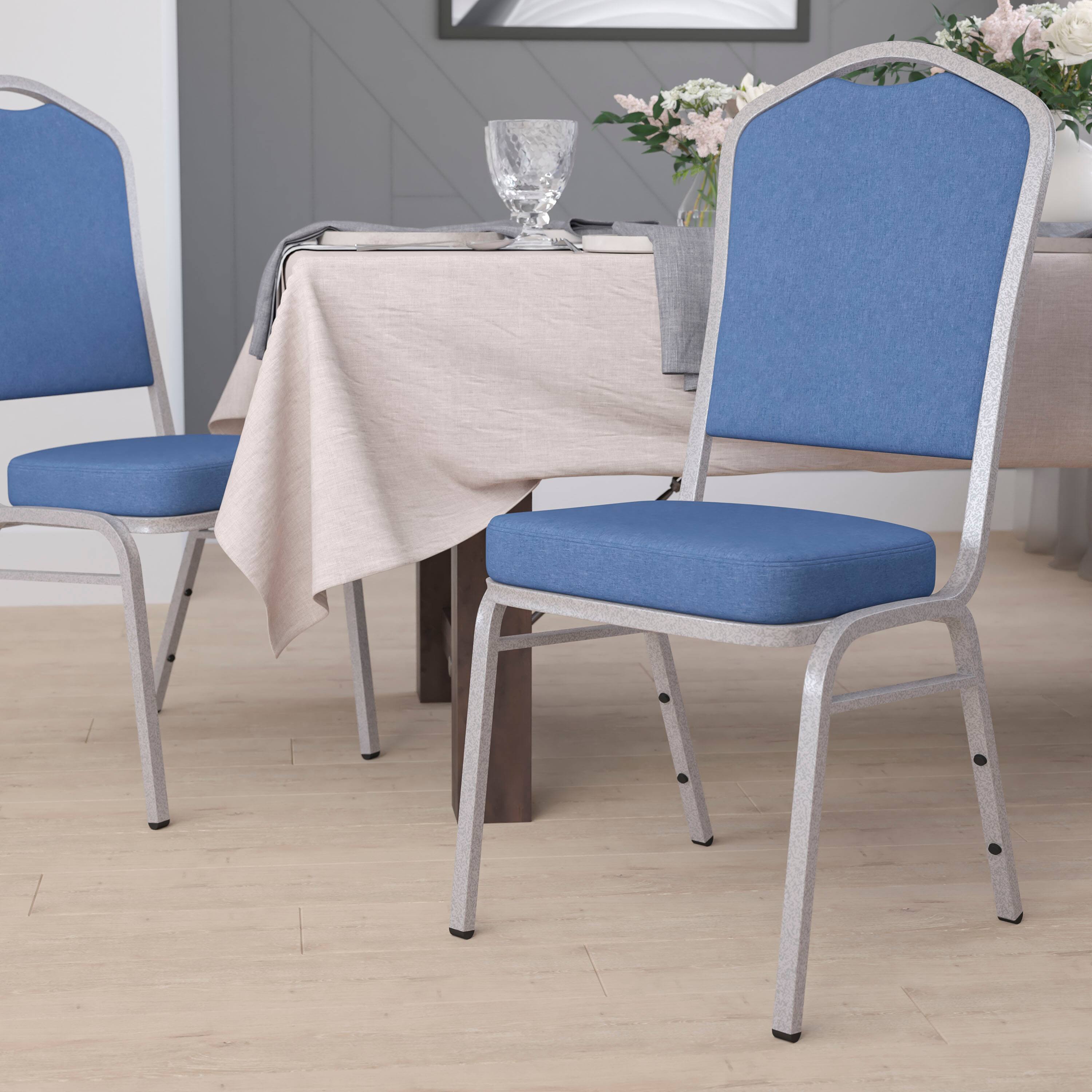 Angle. Flash Furniture - HERCULES Series Crown Back Stacking Banquet Chair in Blue Fabric - Silver Frame - Blue.