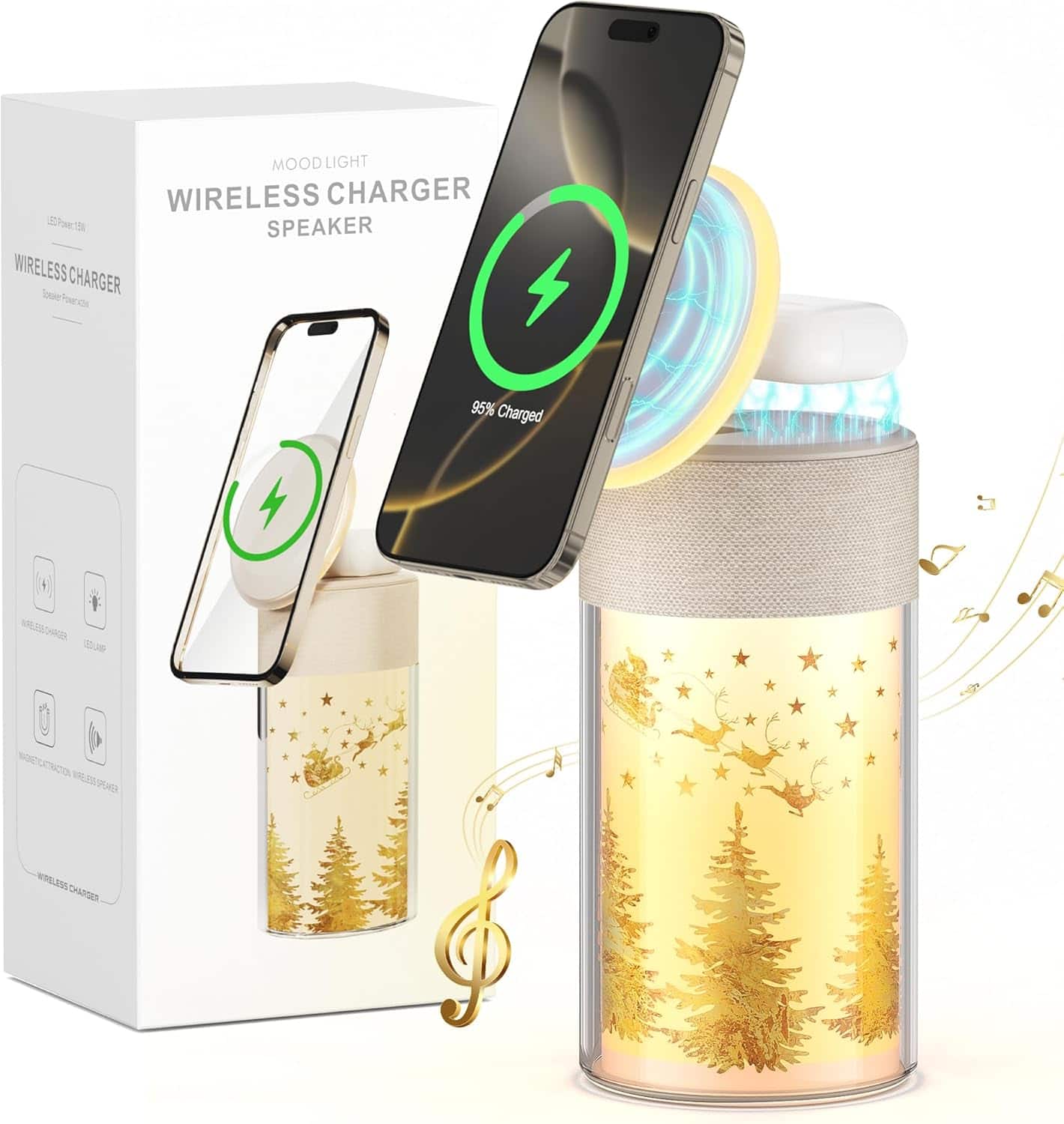 Stamp n Camp - Magnetic Wireless Charger, 4 in 1 Bluetooth Speakers with Night Light for iPhone TWS, Charging Stand Bedroom Home Gifts - christmas