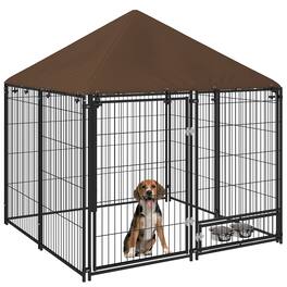 Pawhut - Outside Dog Kennel, 4.6' x 4.6' x 5' Puppy Play Pen with Canopy, Garden Playpen Fence Crate Enclosure Cage Rotating Bowl