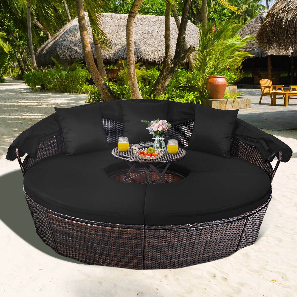 Alt View 5. Costway - Patio Rattan Daybed Cushioned Sofa Adjustable Table Top Canopy - Black.