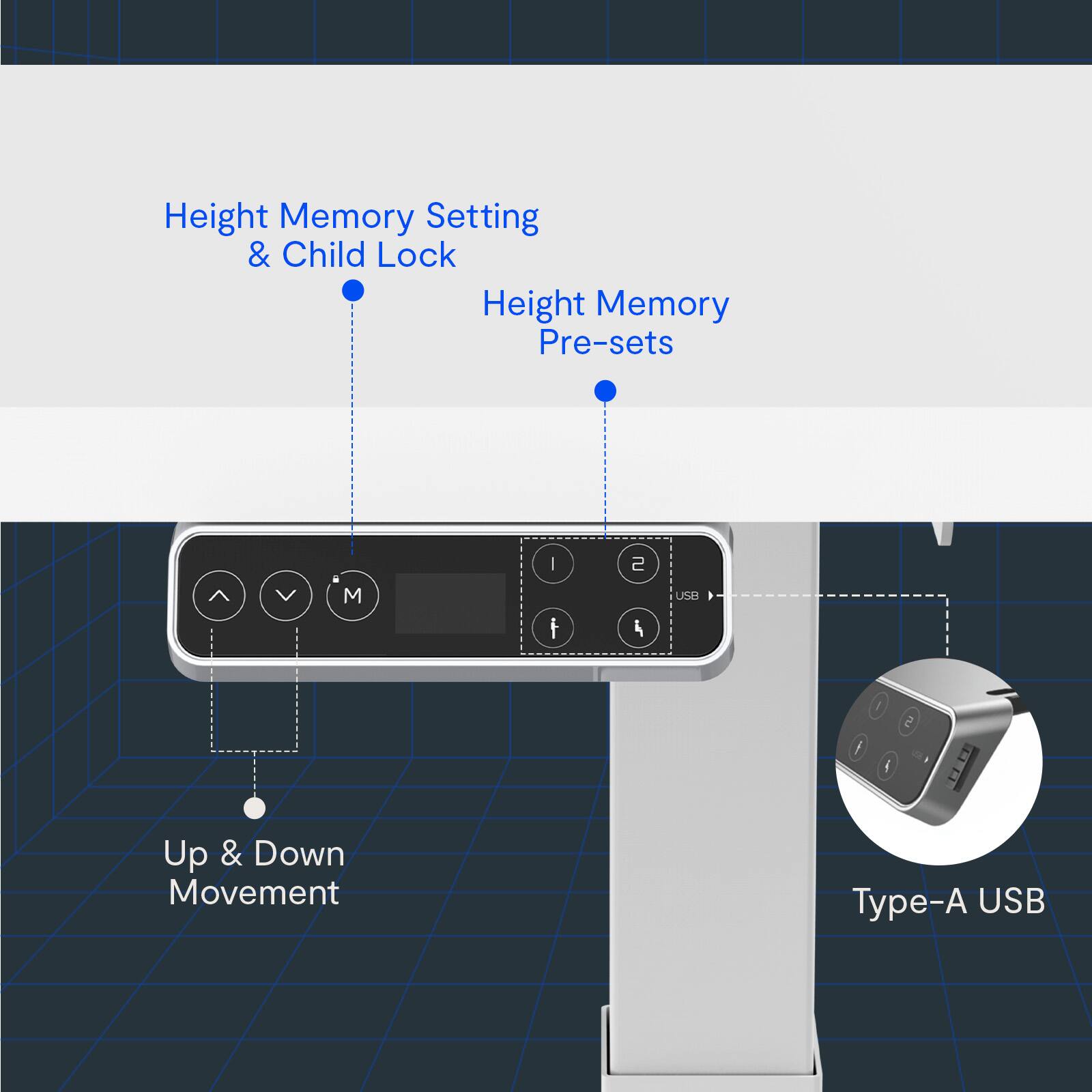 Height Memory Setting & Child Lock  
Height Memory Pre-sets  
Up & Down Movement  
Type-A USB