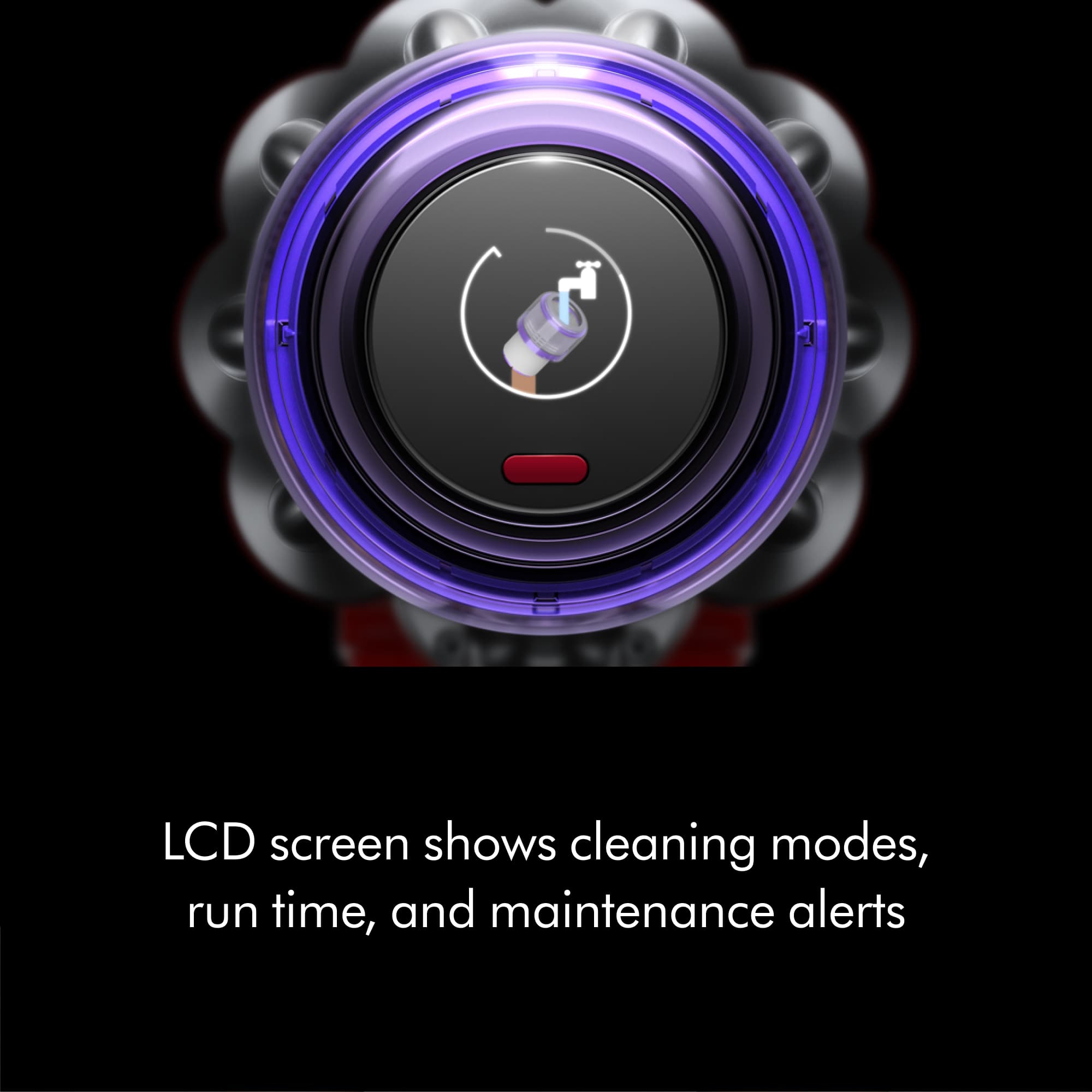 LCD screen shows cleaning modes, run time, and maintenance alerts.
